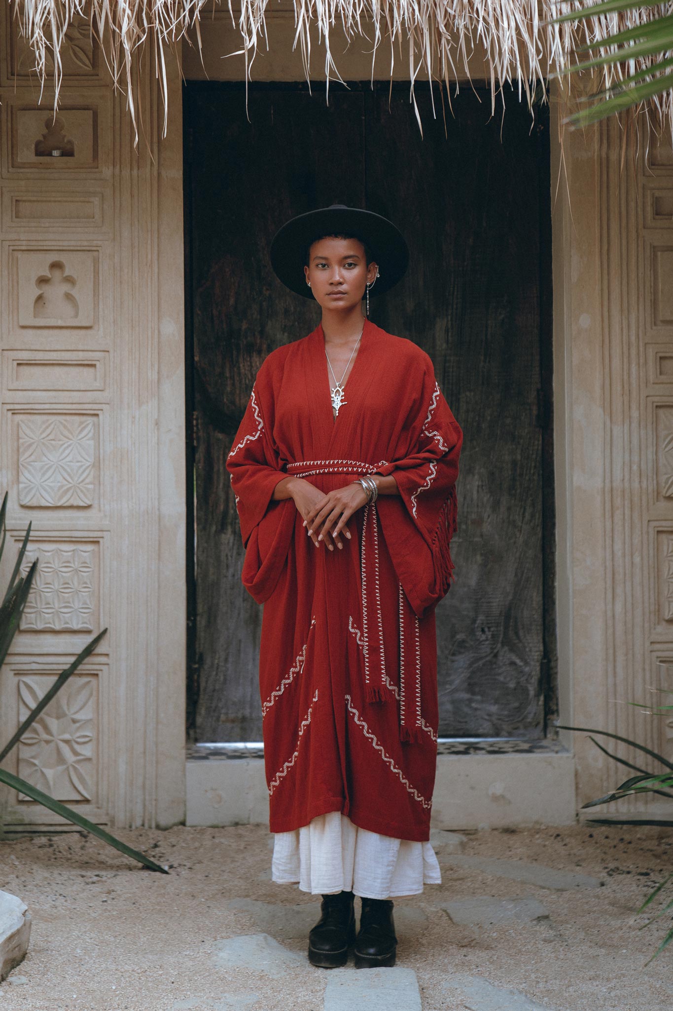 Red Organic Poncho Cape, Boho Cardigan Women, Cotton Kimono Cover Up - AYA Sacred Wear