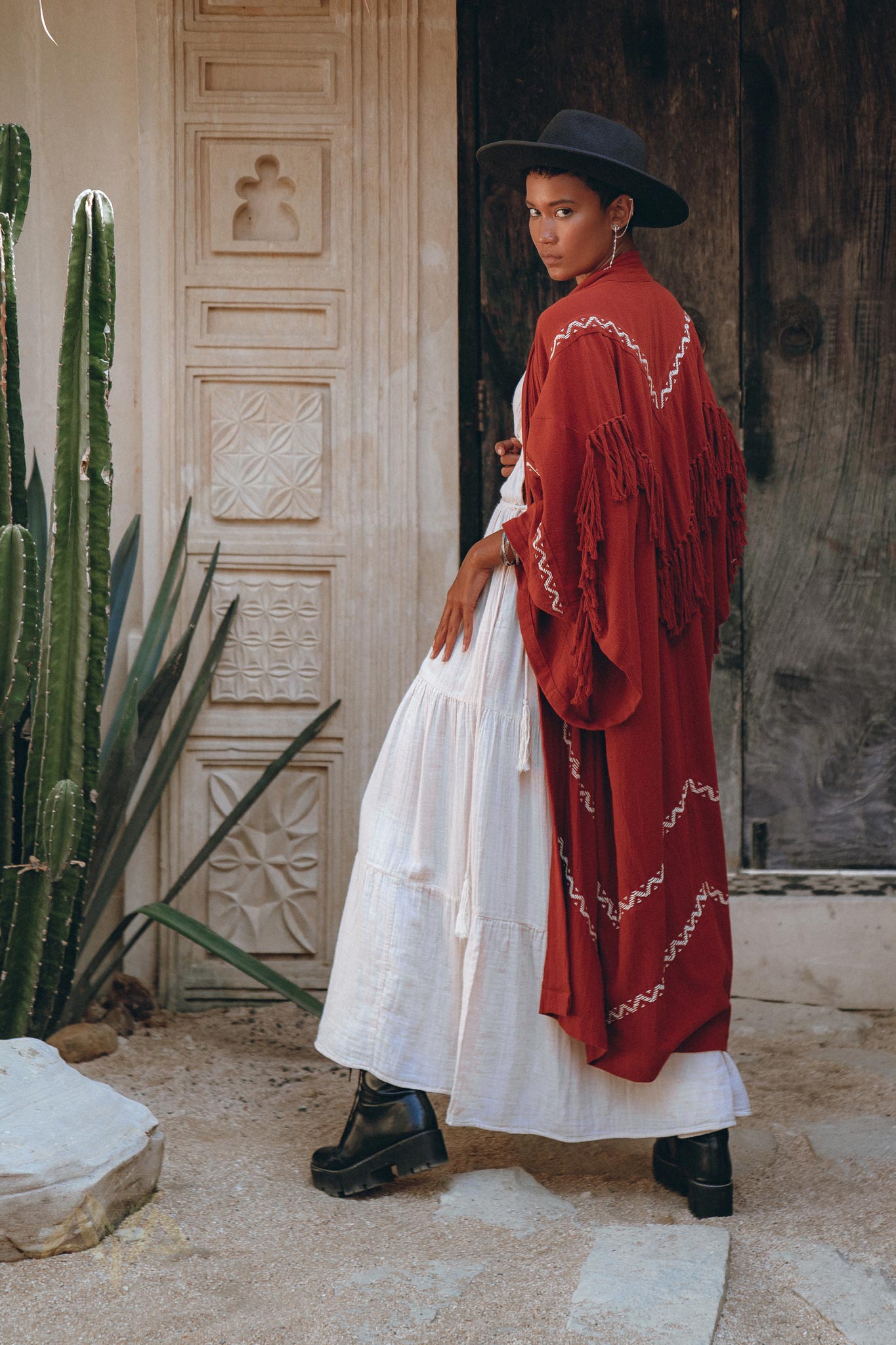 Red Organic Poncho Cape, Boho Cardigan Women, Cotton Kimono Cover Up - AYA Sacred Wear