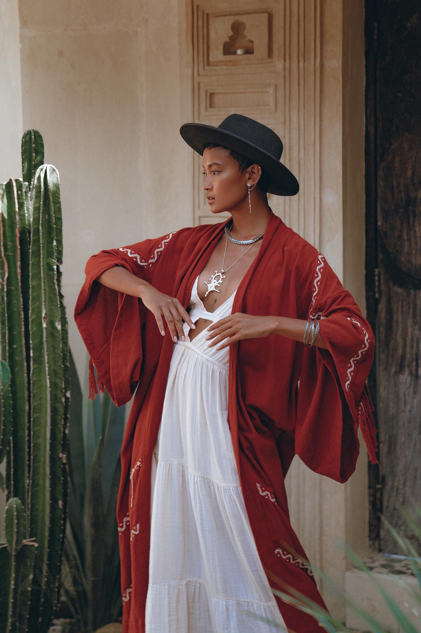 Red Organic Poncho Cape, Boho Cardigan Women, Cotton Kimono Cover Up - AYA Sacred Wear