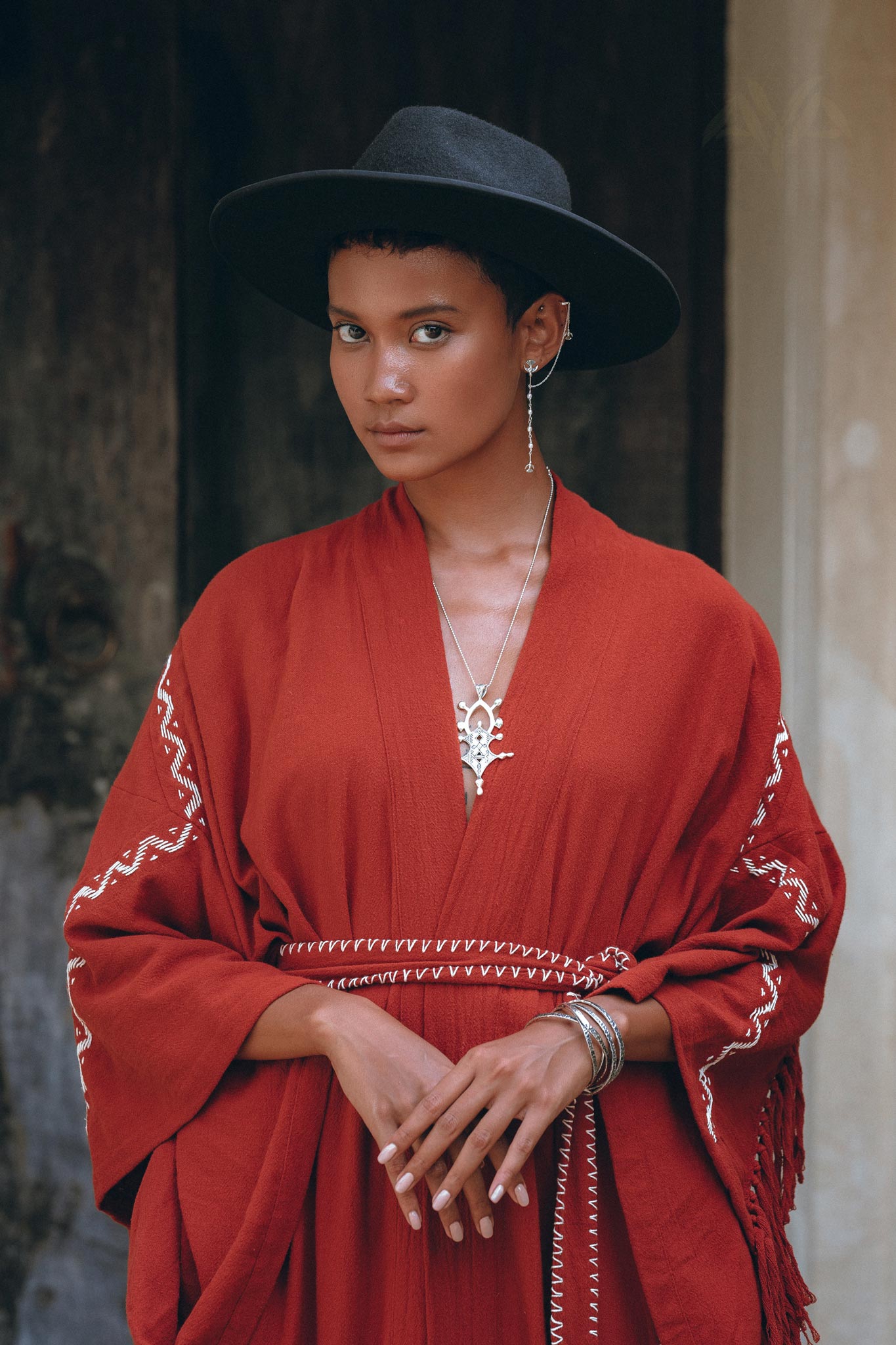 Red Organic Poncho Cape, Boho Cardigan Women, Cotton Kimono Cover Up - AYA Sacred Wear
