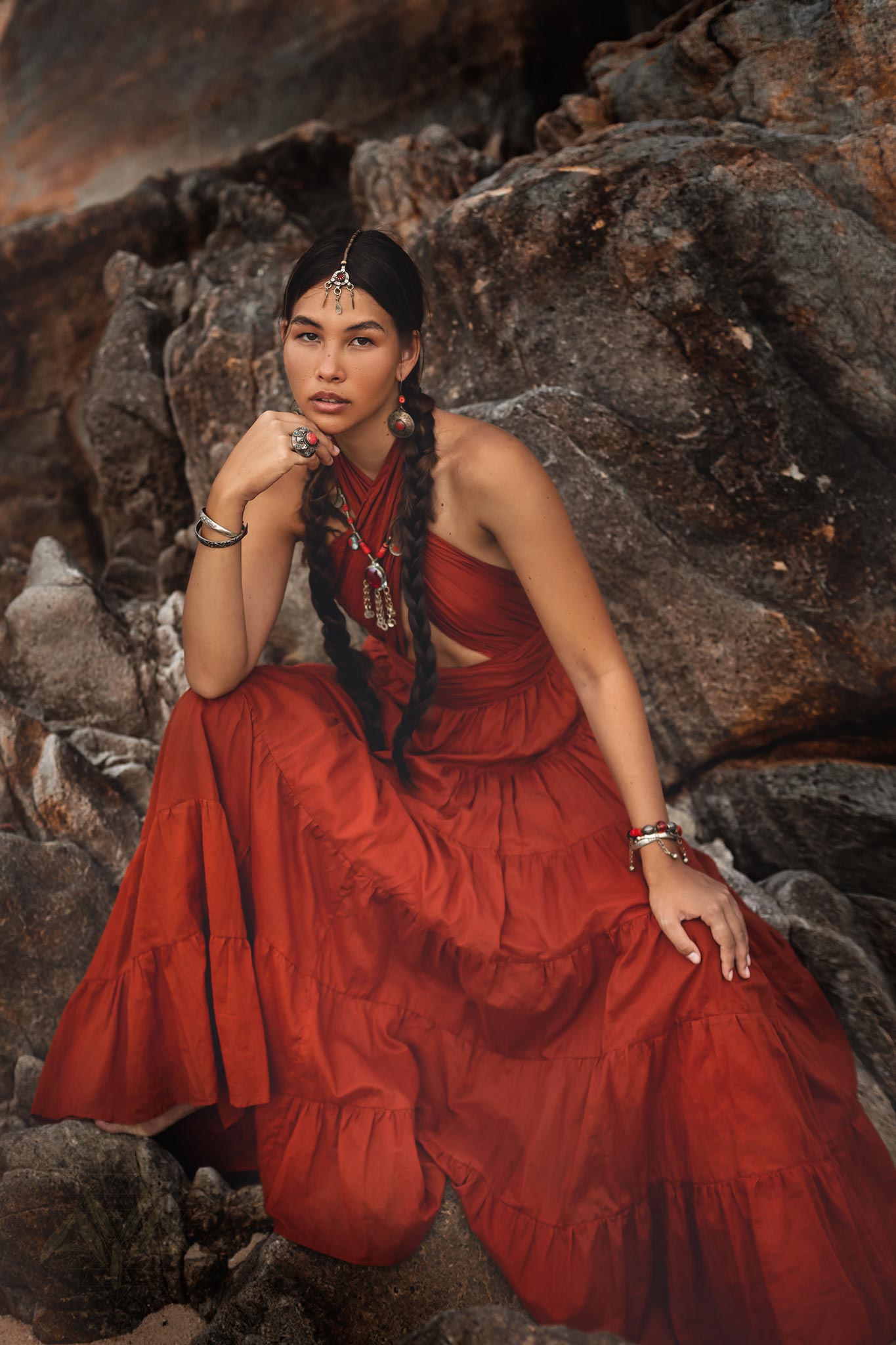 Make a statement in this unforgettable red bohemian prom dress