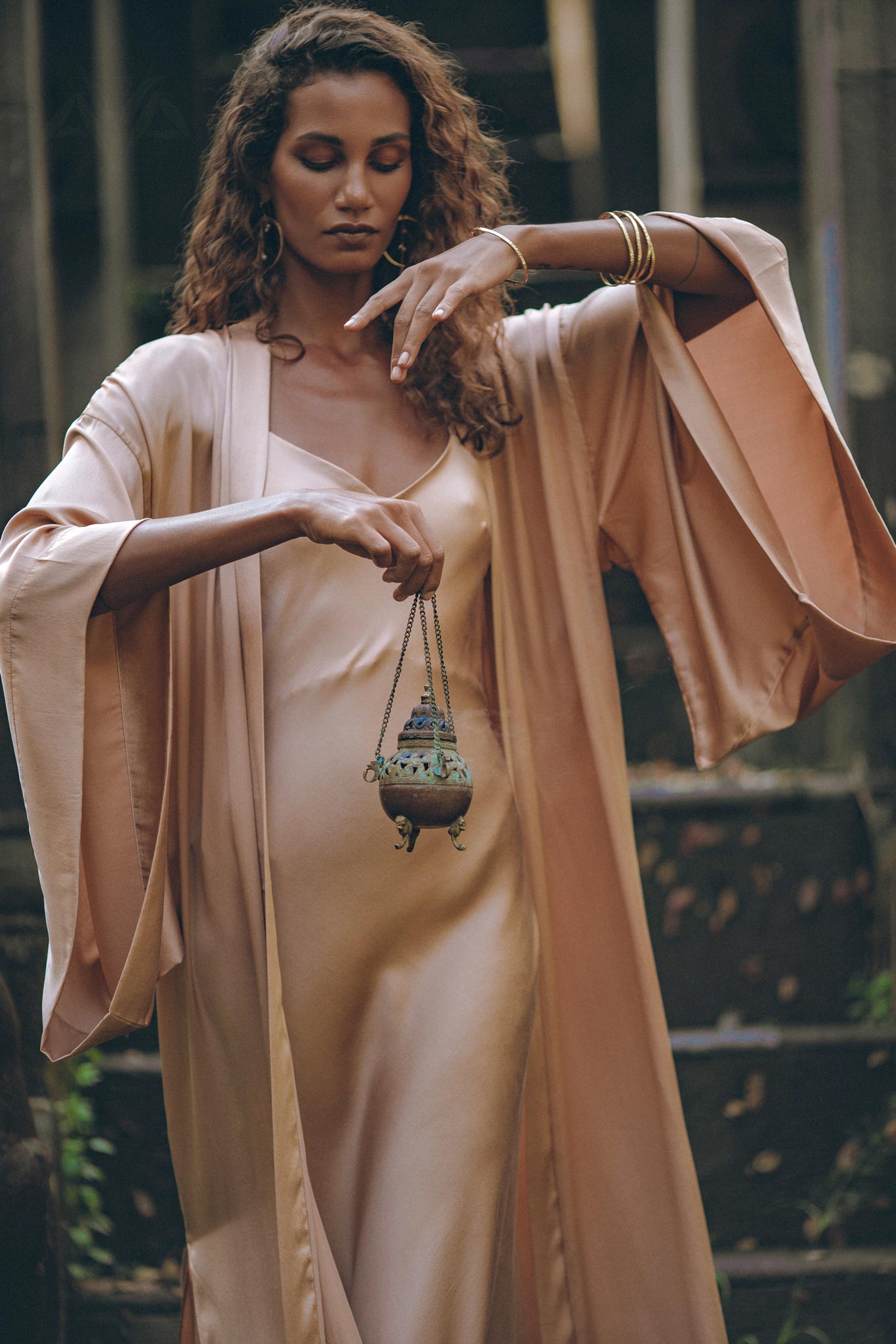 Dusty Pink Silk Robe, Bohemian Kaftan Cardigan, Long Cape for Women - AYA Sacred Wear