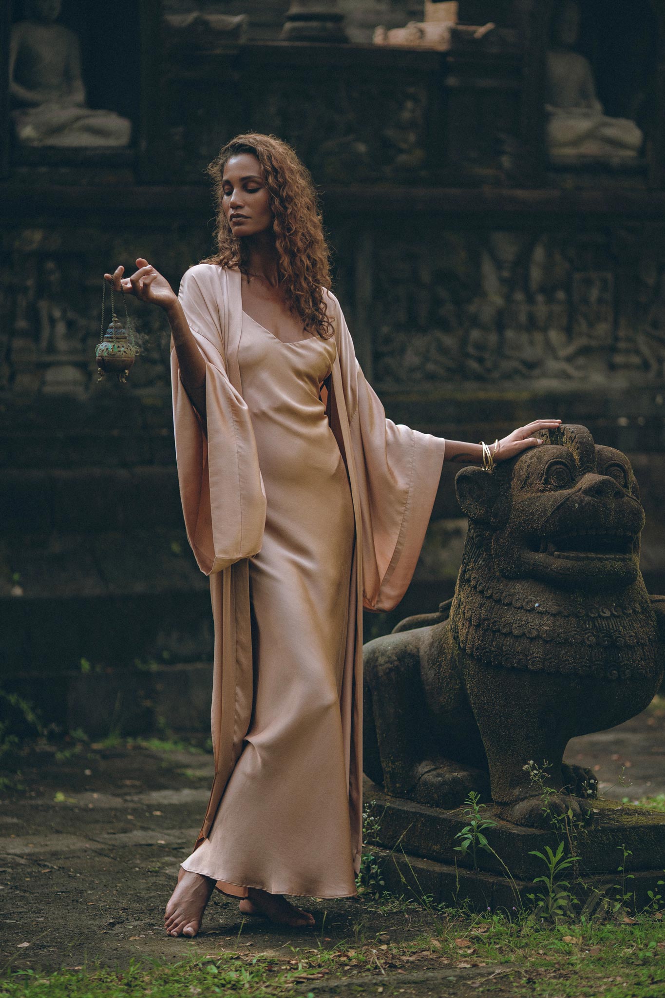 Dusty Pink Silk Robe, Bohemian Kaftan Cardigan, Long Cape for Women - AYA Sacred Wear