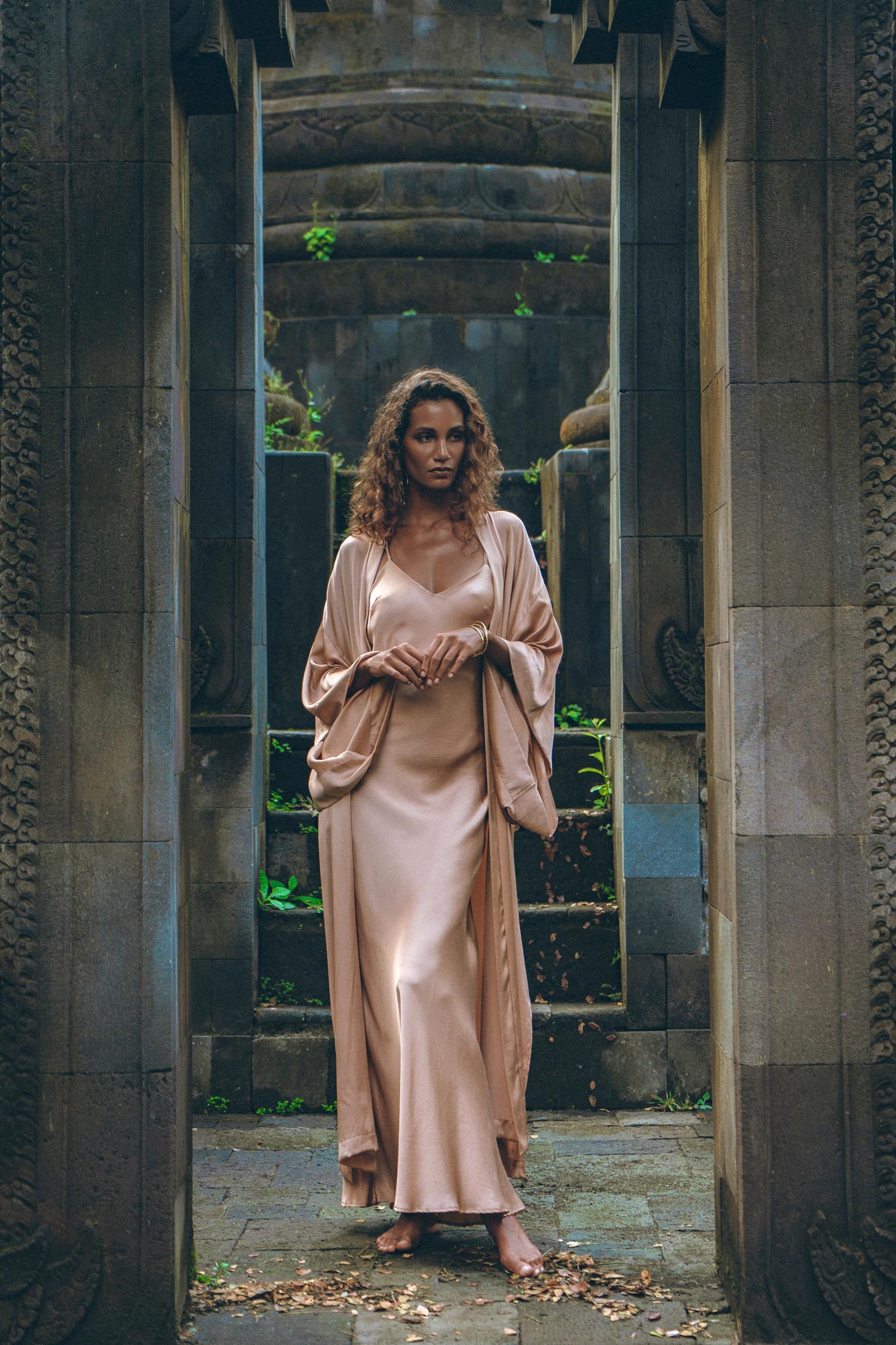 Dusty Pink Silk Robe, Bohemian Kaftan Cardigan, Long Cape for Women - AYA Sacred Wear