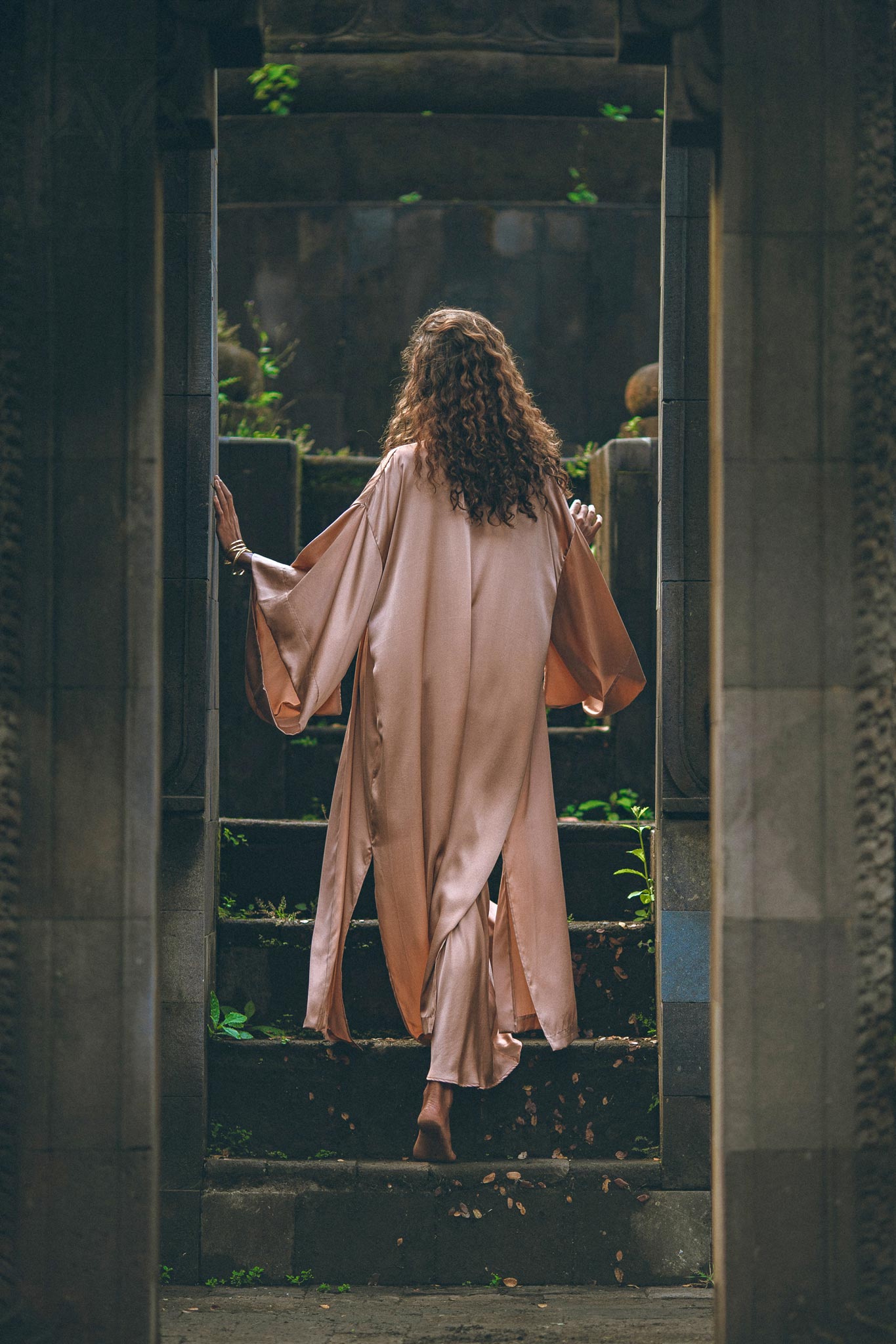 Dusty Pink Silk Robe, Bohemian Kaftan Cardigan, Long Cape for Women - AYA Sacred Wear