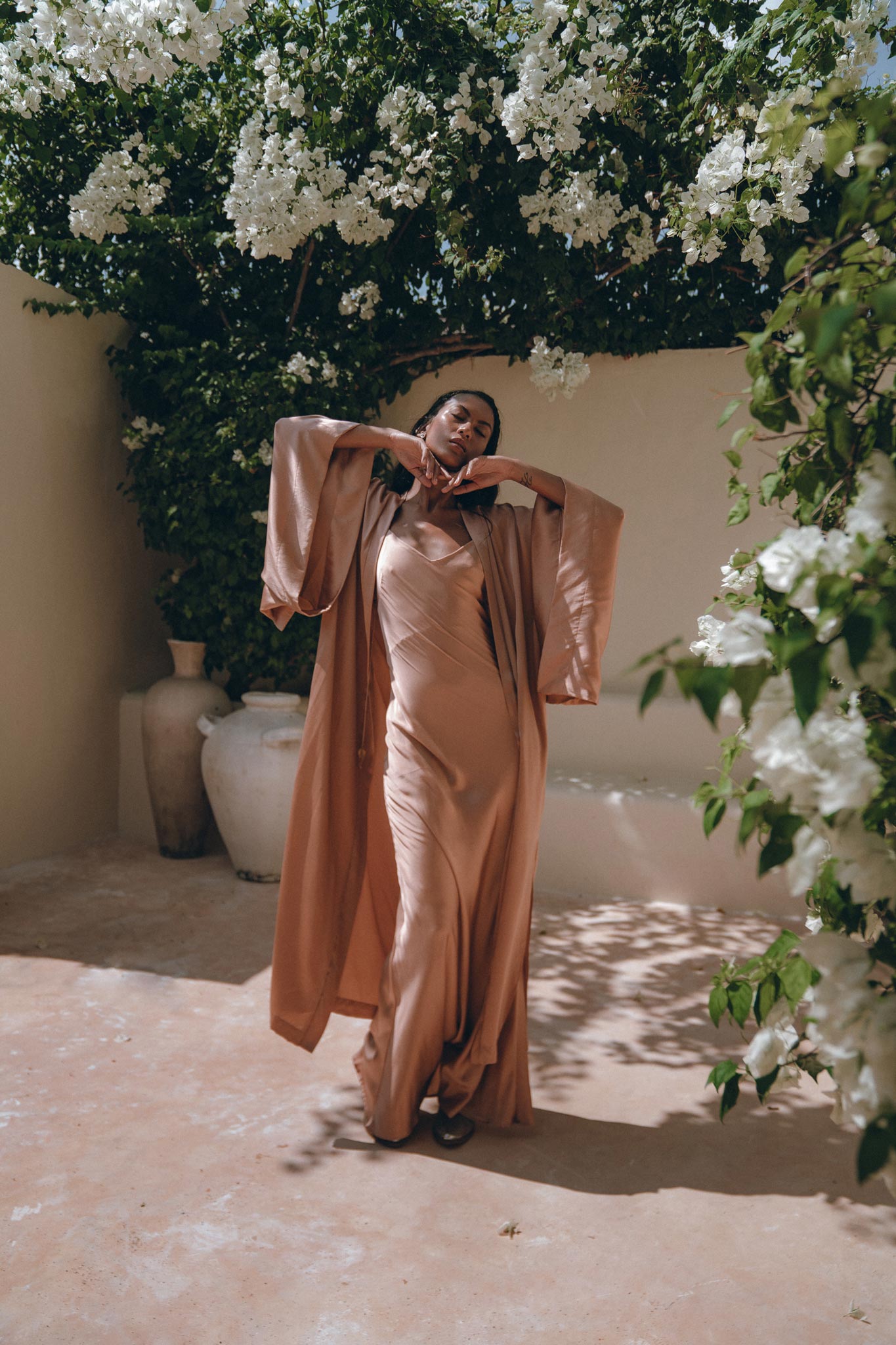 Dusty Pink Silk Robe, Bohemian Kaftan Cardigan, Long Cape for Women - AYA Sacred Wear