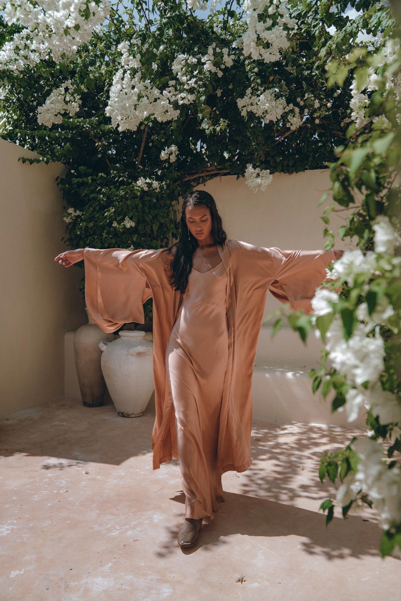 Dusty Pink Silk Robe, Bohemian Kaftan Cardigan, Long Cape for Women - AYA Sacred Wear