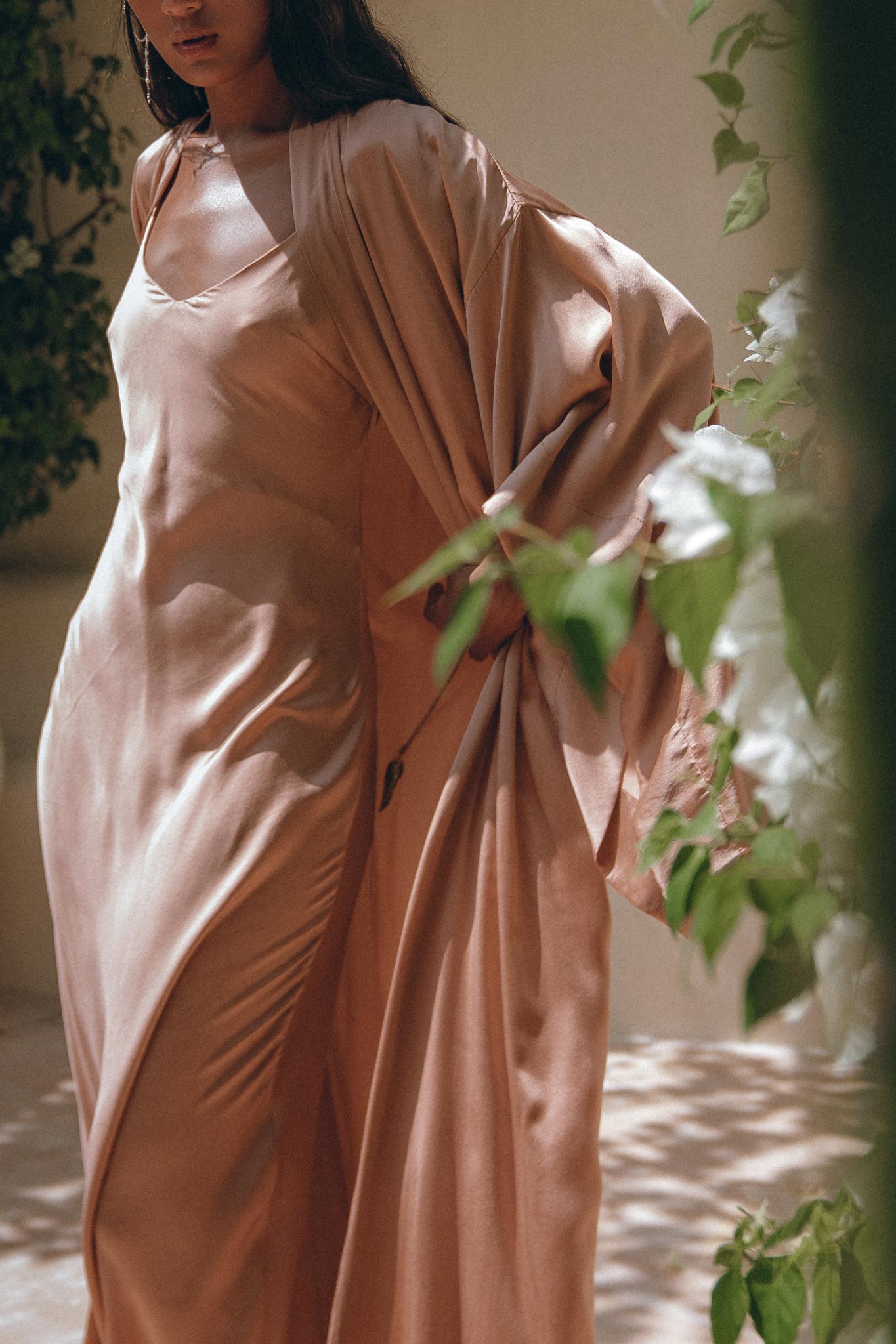 Dusty Pink Silk Robe, Bohemian Kaftan Cardigan, Long Cape for Women - AYA Sacred Wear