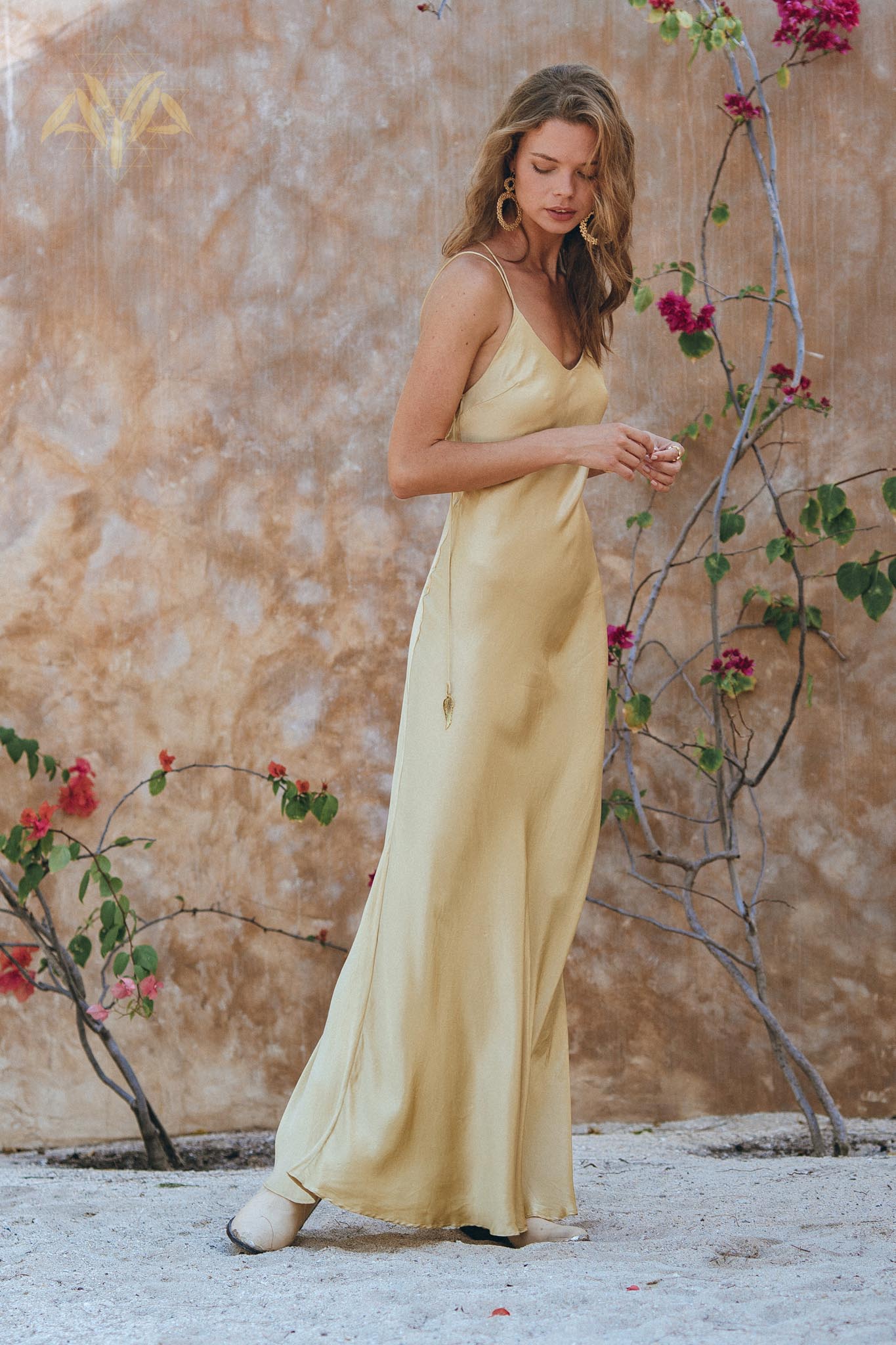 Golden Silk Slip Dress, Natural Silk Boho Dress Women, Silk Long Maxi Dress - AYA Sacred Wear