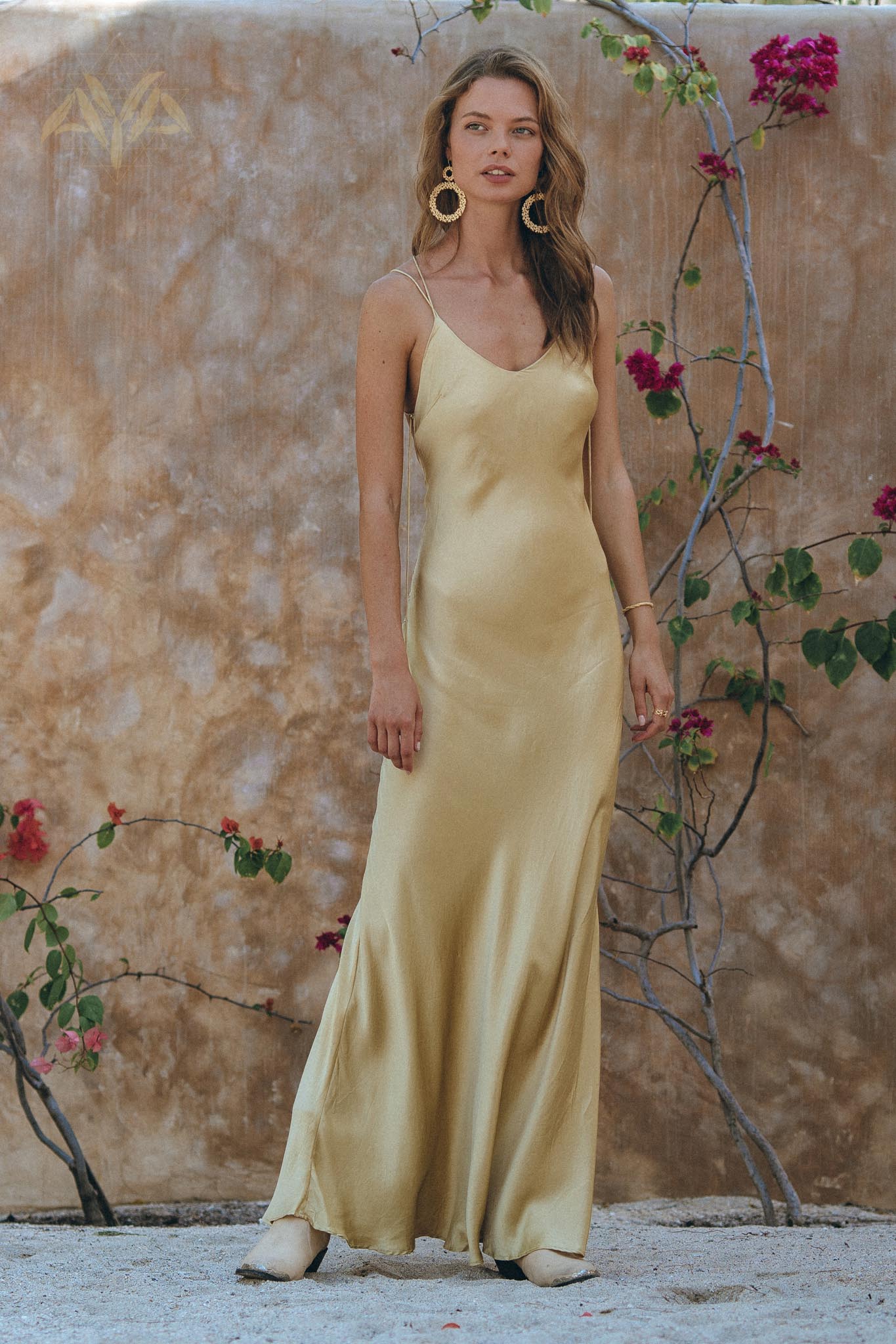 Golden Silk Slip Dress, Natural Silk Boho Dress Women, Silk Long Maxi Dress - AYA Sacred Wear