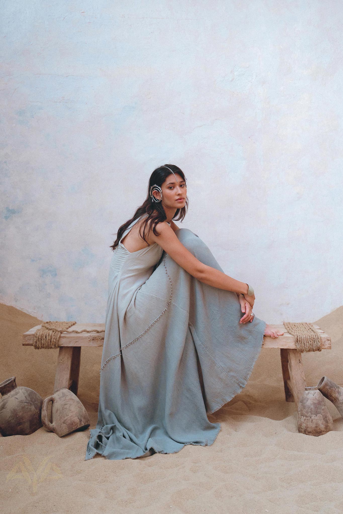 Get noticed in Aya Sacred Wear's hand embroidered sky blue dress.
