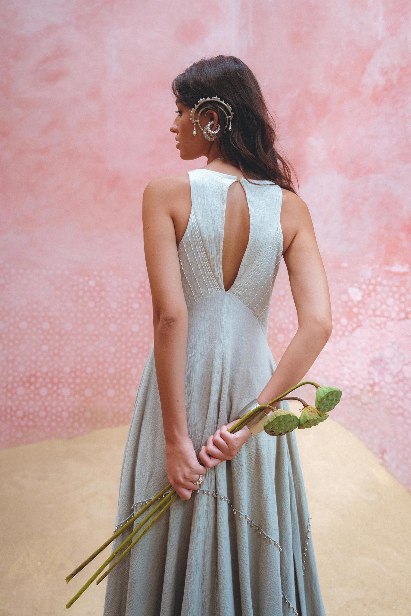 Step out in style with Aya Sacred Wear's hand embroidered sky blue dress.