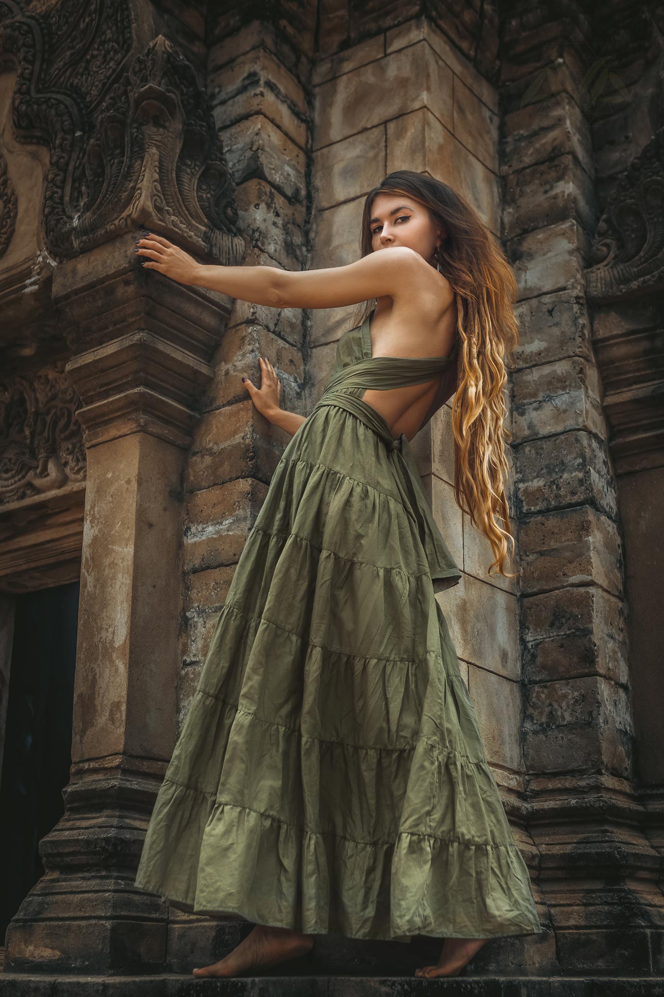 Dark Green Bohemian Adjustable Dress Evening Open Back Belly Dress by AYA Sacred Wear