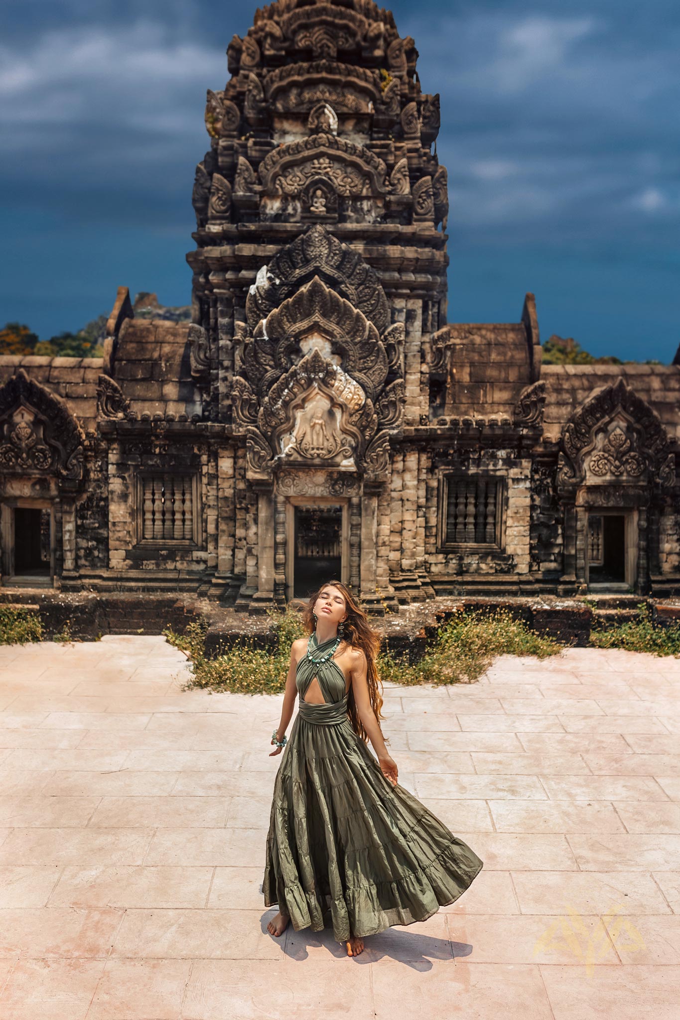 Dark Green Bohemian Adjustable Dress Evening Open Back Belly Dress by AYA Sacred Wear