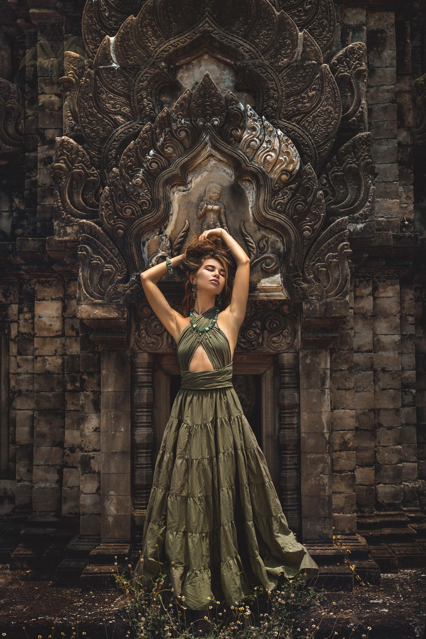 Dark Green Bohemian Adjustable Dress Evening Open Back Belly Dress by AYA Sacred Wear