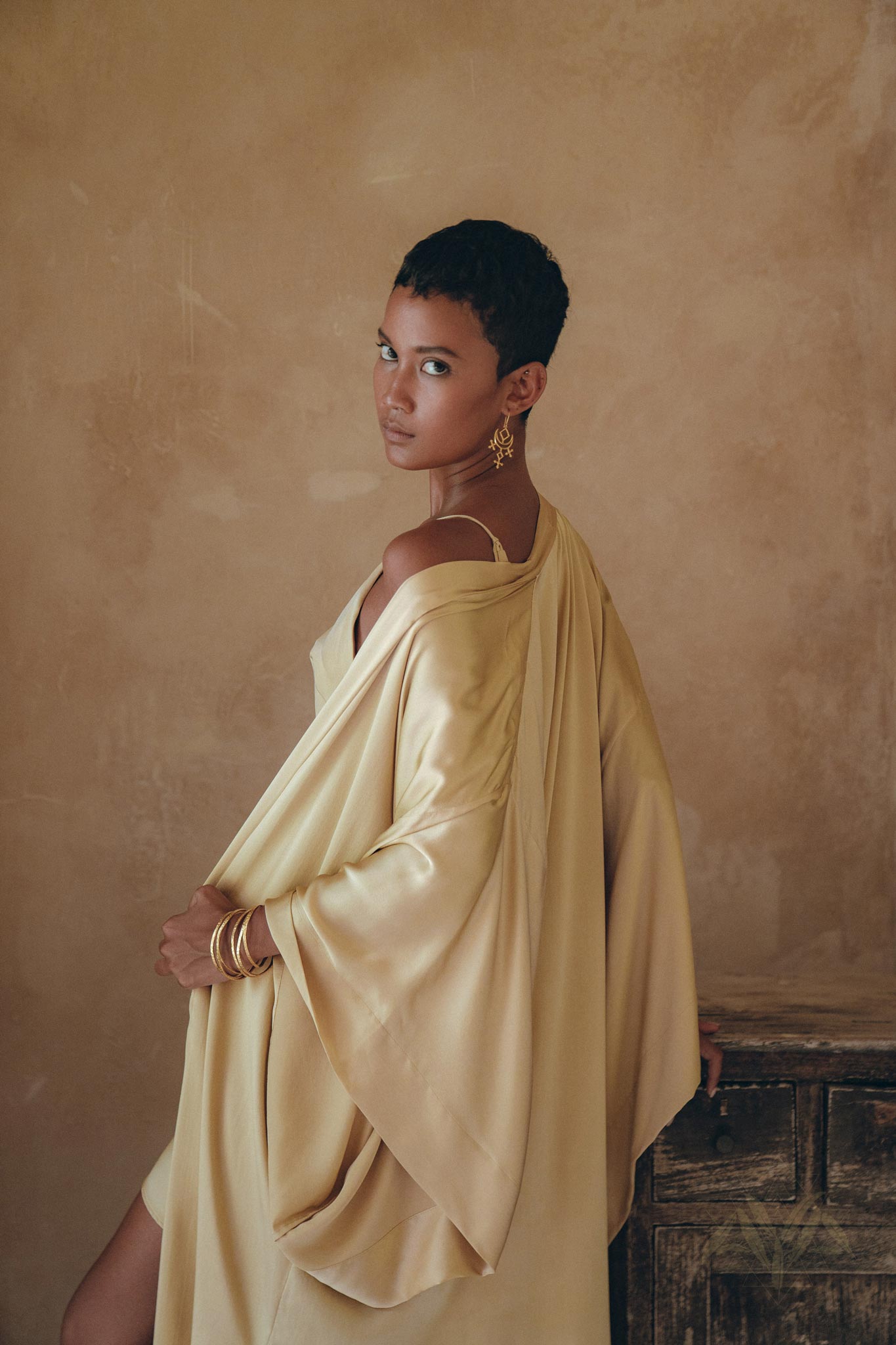 Boho Golden Silk Kimono Cover Up, Wide Sleeve Bohemian Cardigan - AYA Sacred Wear