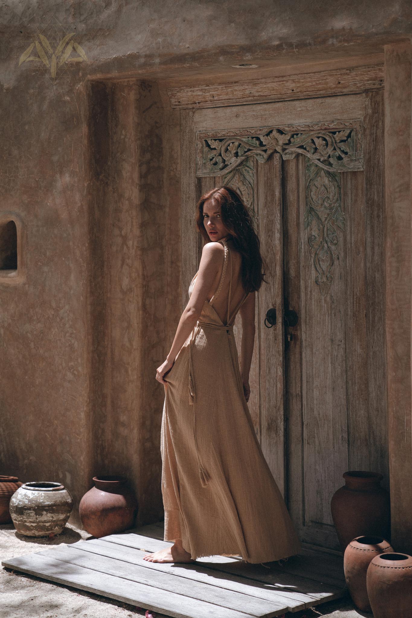 Boho Dress for Woman, Long Maxi Bohemian Dress, Beige Sandal Organic Dress - AYA Sacred Wear