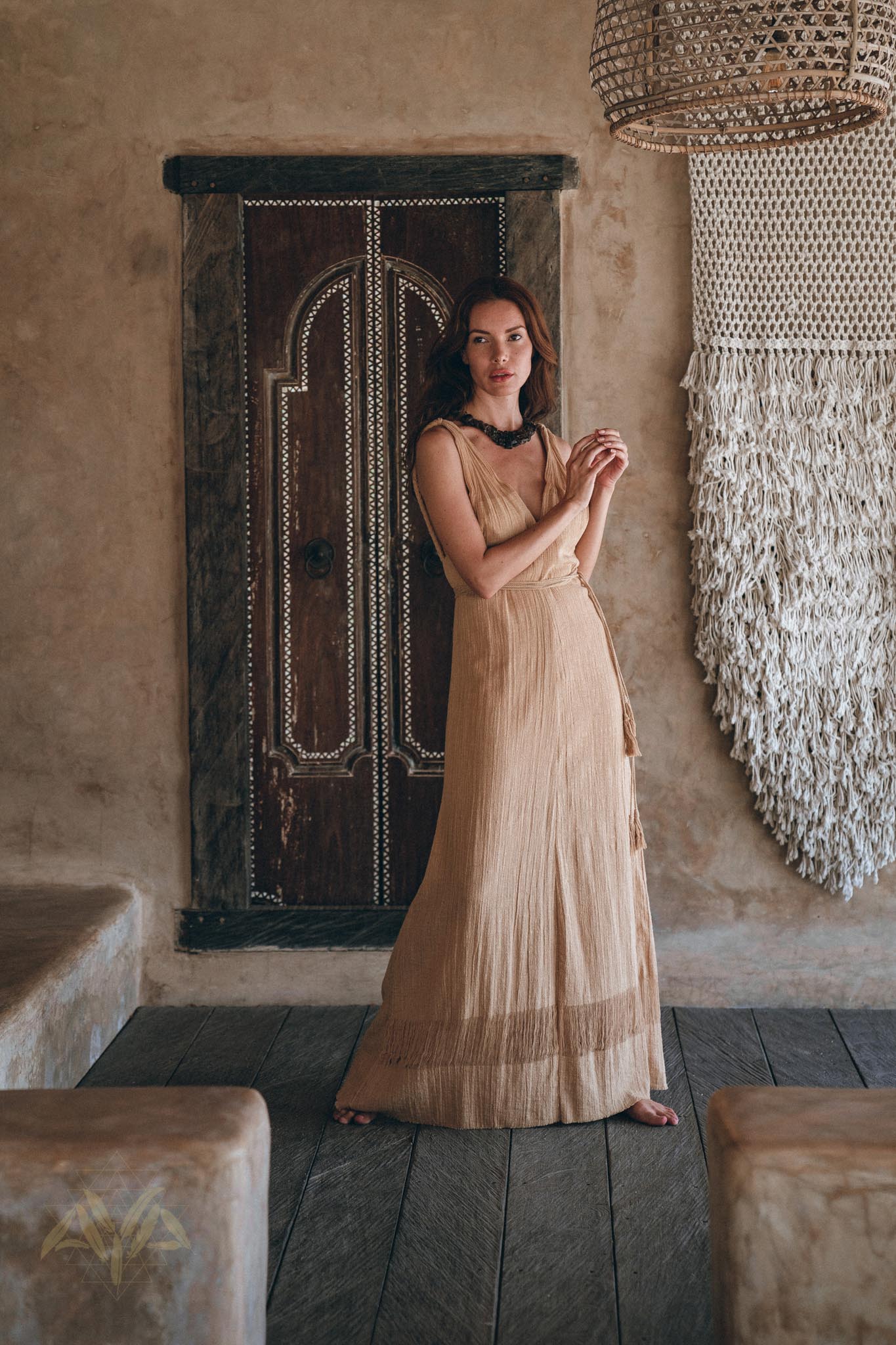 Boho Dress for Woman, Long Maxi Bohemian Dress, Beige Sandal Organic Dress - AYA Sacred Wear