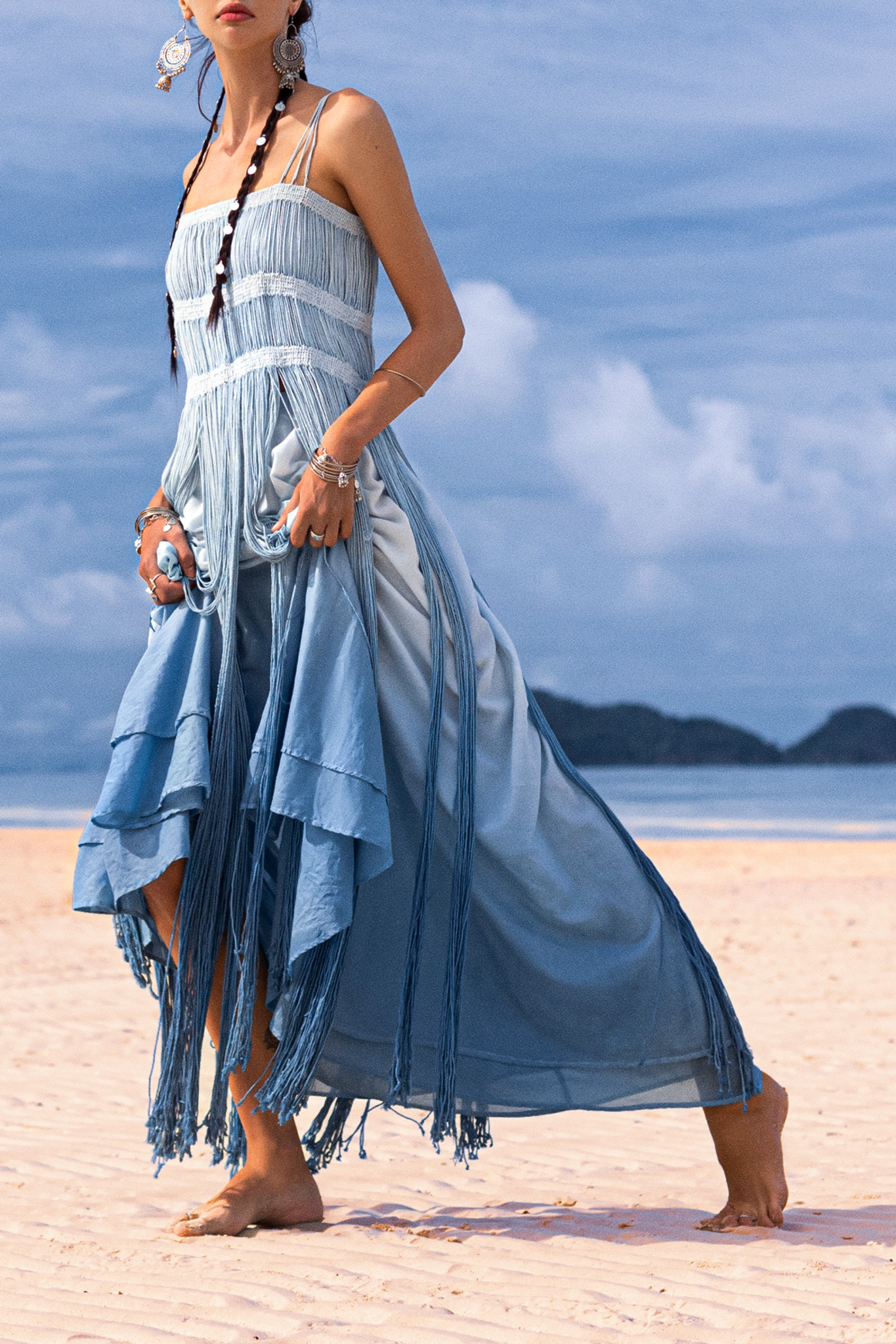 Sky Blue Ombre Macrame Dress: A Botanical Treasure in Greek Goddess Style. Elevate your style with this fairy tale dress, a symbol of natural vibrance