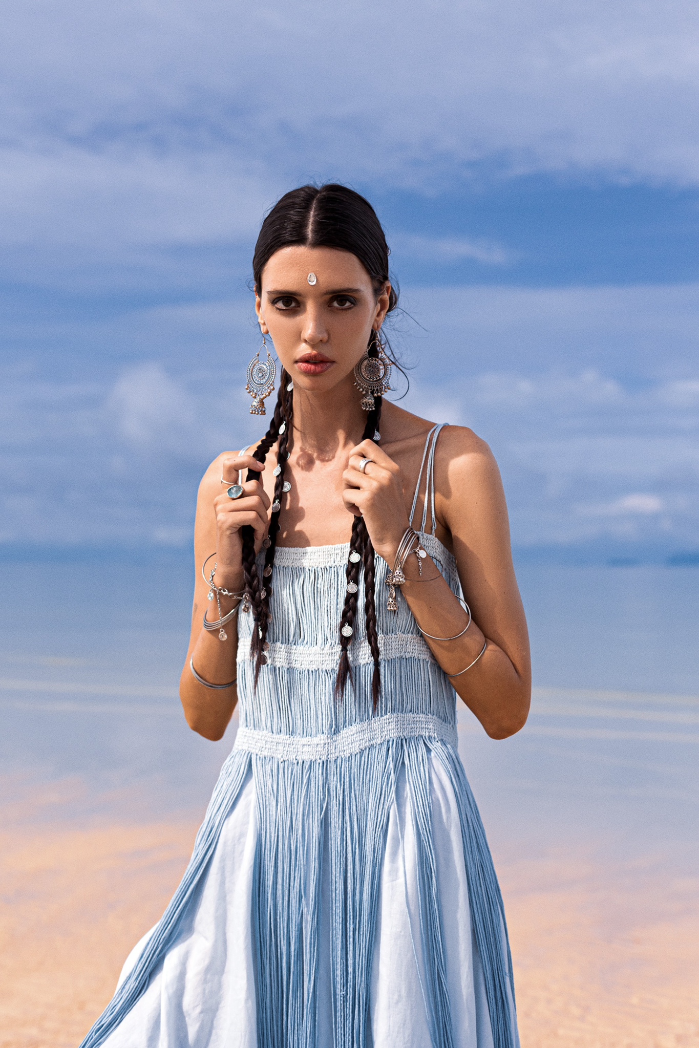 Tribal Chic: Off-White Greek Goddess Dress with Macrame Slip Over. Indulge in the softness of light cotton sustainably dyed, echoing the greatness of mother nature