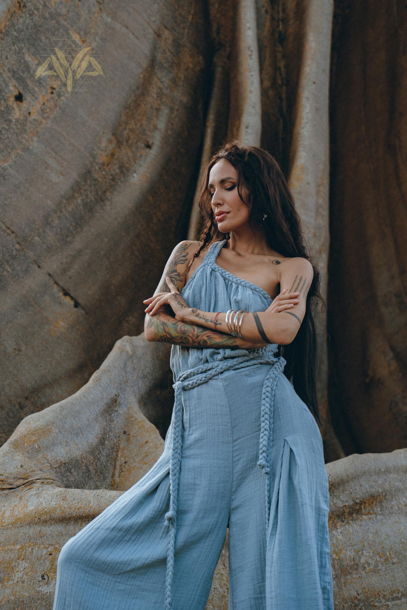 Sky Blue Braided Belted Jumpsuit, Overalls Women, Apron Dress - AYA Sacred Wear