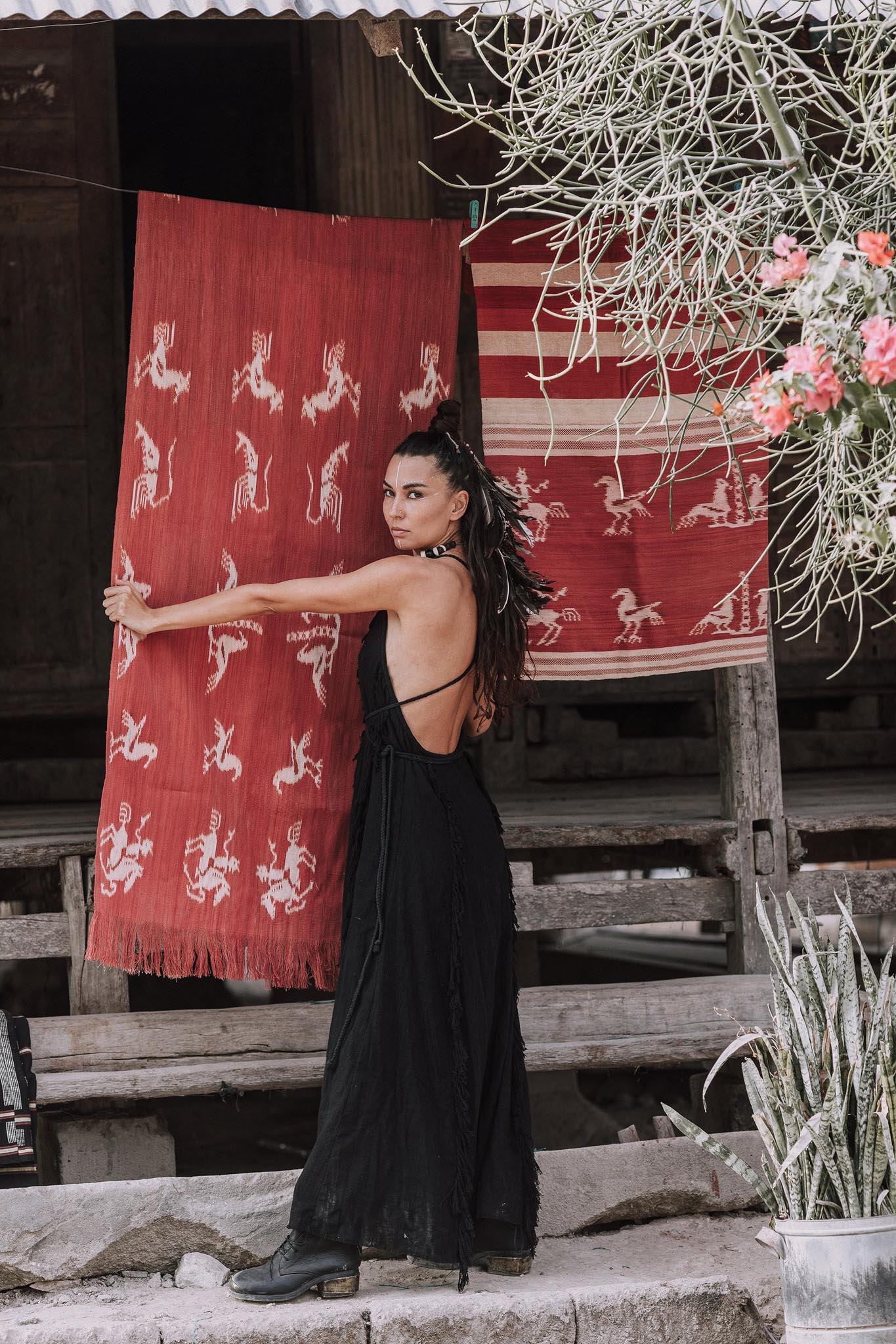 Black Cotton Boho Maxi Dress with Hand Loomed Tassels - AYA Sacred Wear