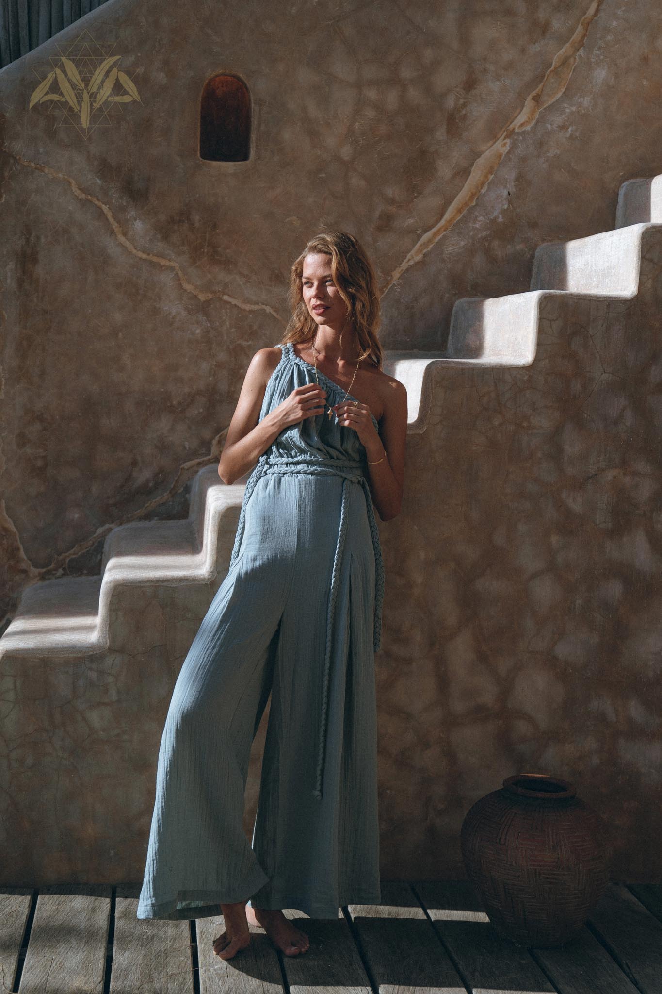 Sky Blue Braided Belted Jumpsuit, Overalls Women, Apron Dress - AYA Sacred Wear