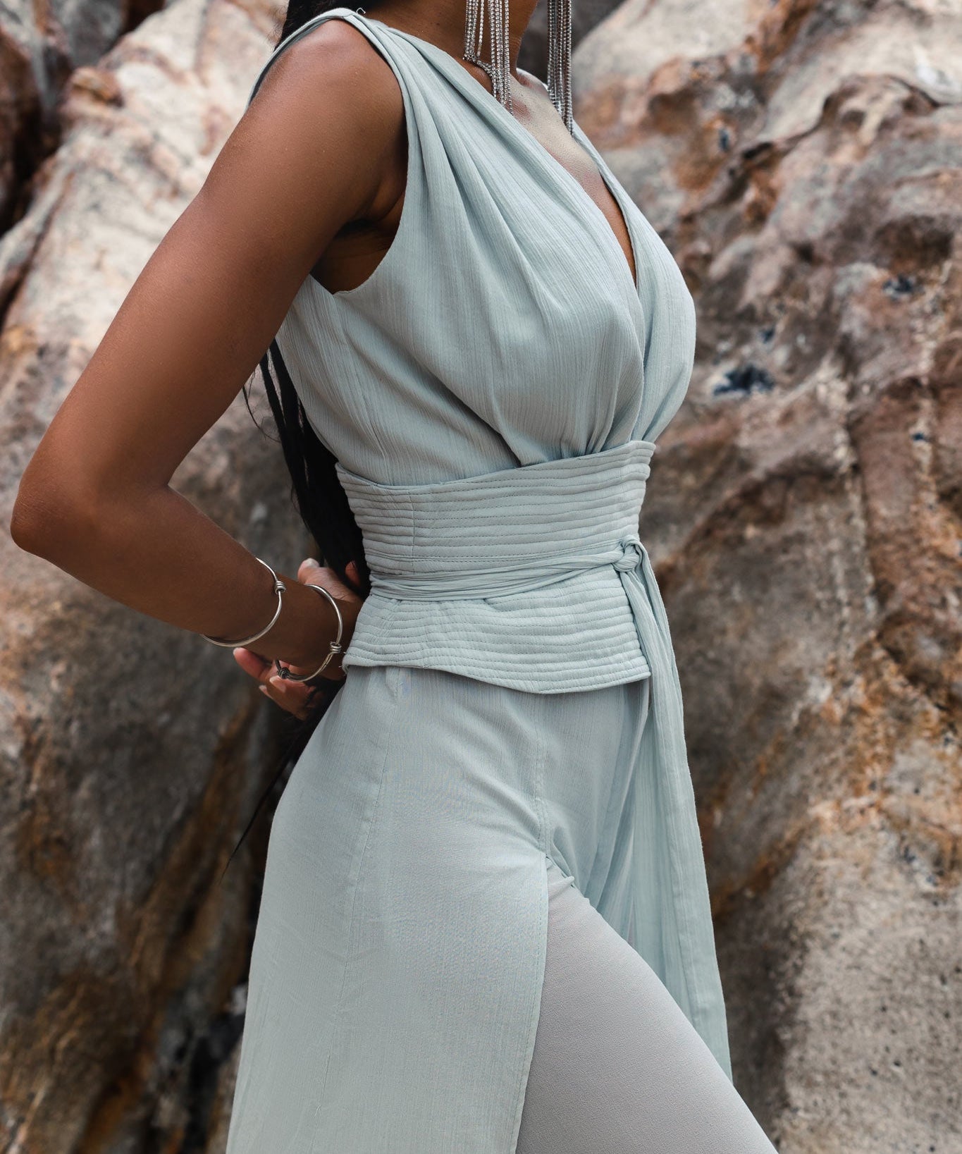 A beautiful blue boho jumpsuit for women, crafted with luxurious silk and cotton.