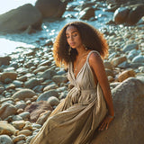 A boho-chic macrame dress in green, perfect for a summer day.