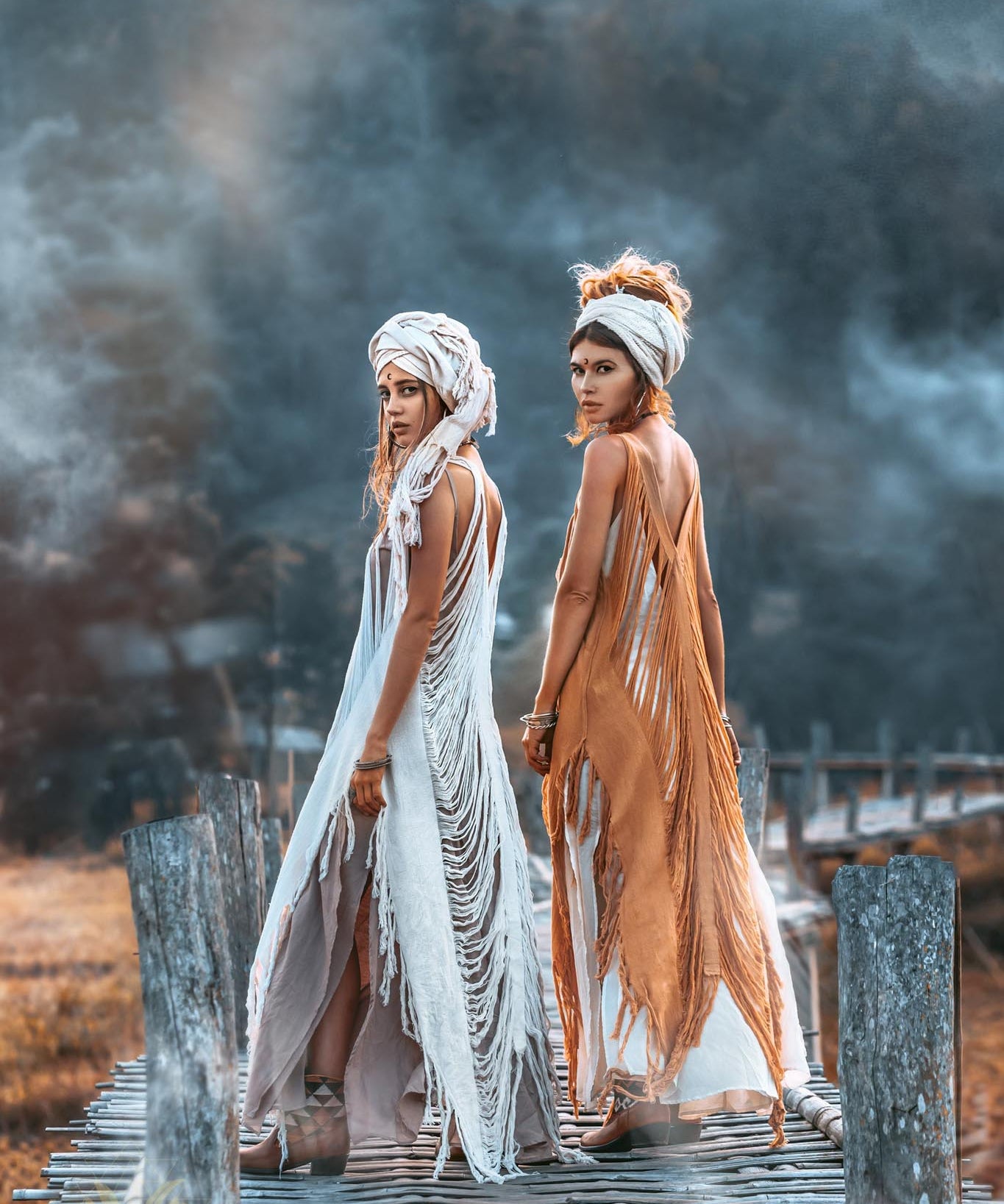 Elegant beige ochre dress with open sides and hand-loomed edging.