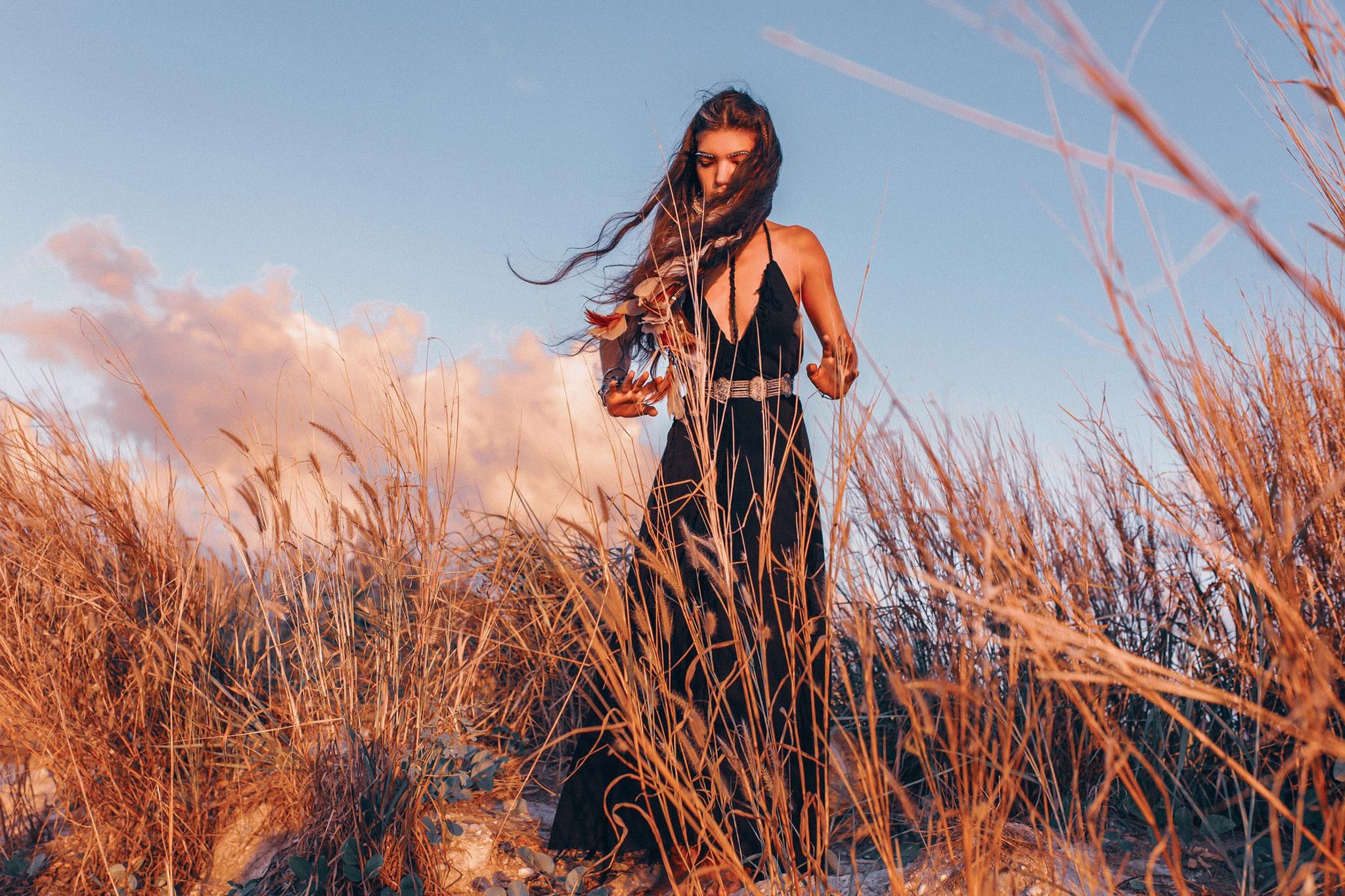 Black Cotton Boho Maxi Dress with Hand Loomed Tassels - AYA Sacred Wear