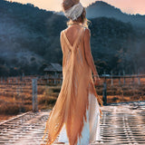 Timeless style of "Threads of Life" dress in beige ochre hand-loomed fabric.