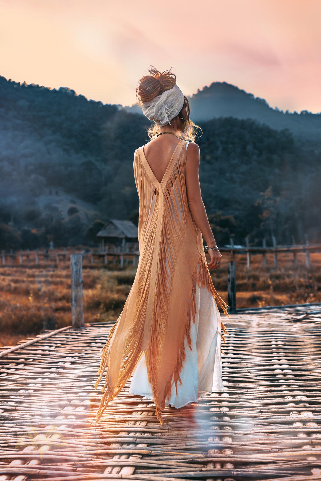 Timeless style of "Threads of Life" dress in beige ochre hand-loomed fabric.