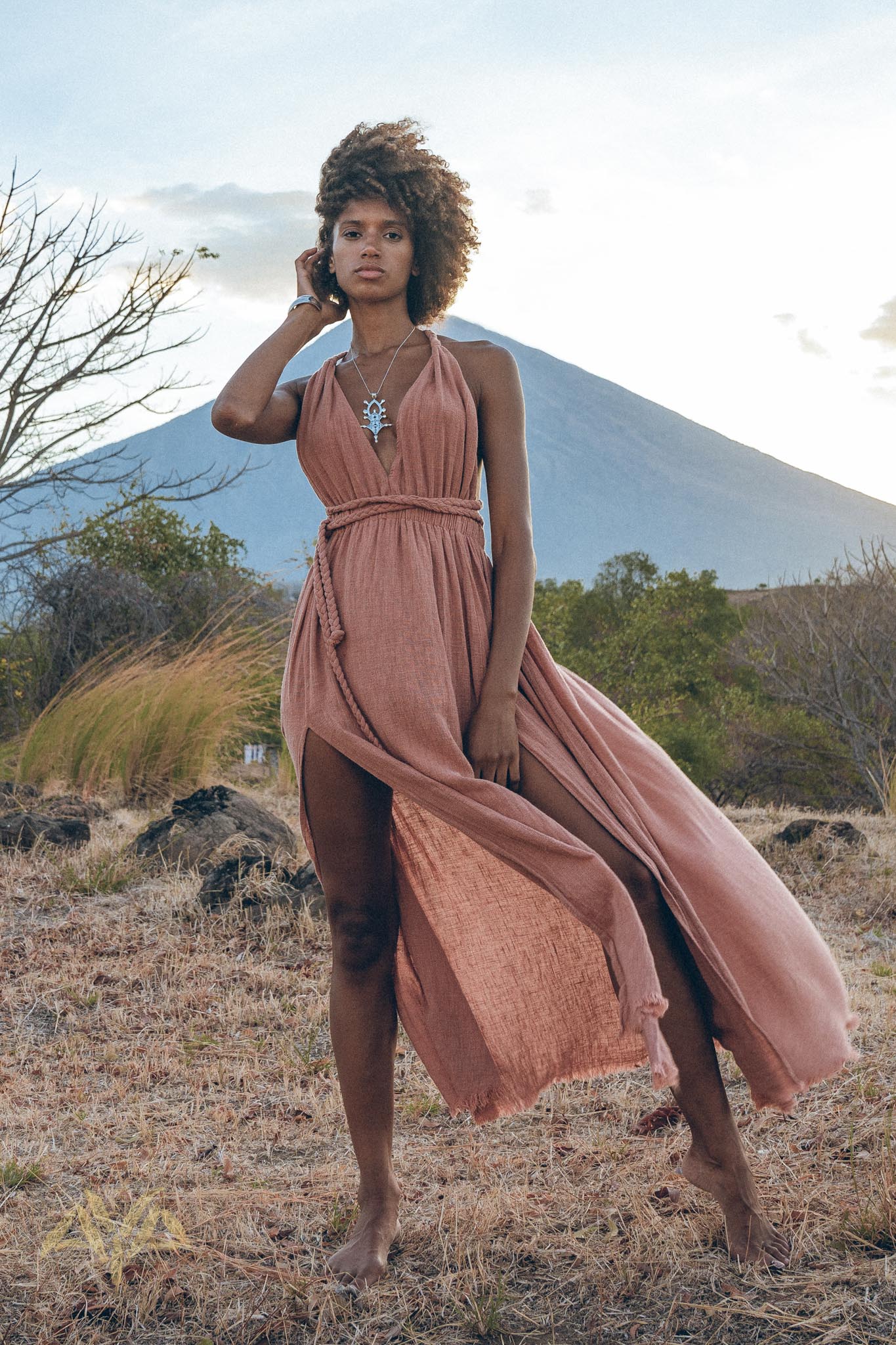 Greek Goddess Dress, Rose Gold Long Maxi Belted Dress - AYA Sacred Wear