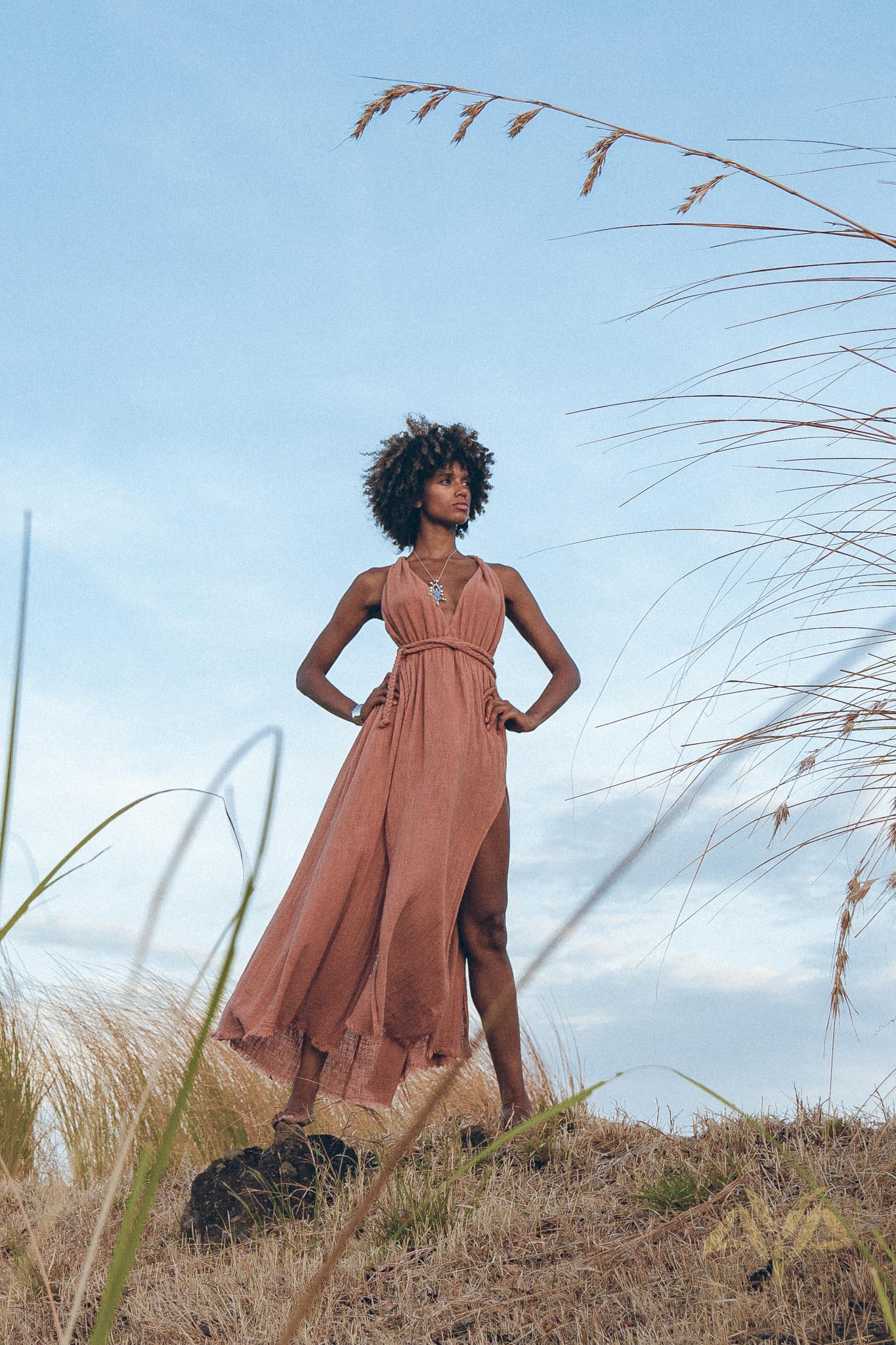 Greek Goddess Dress, Rose Gold Long Maxi Belted Dress - AYA Sacred Wear