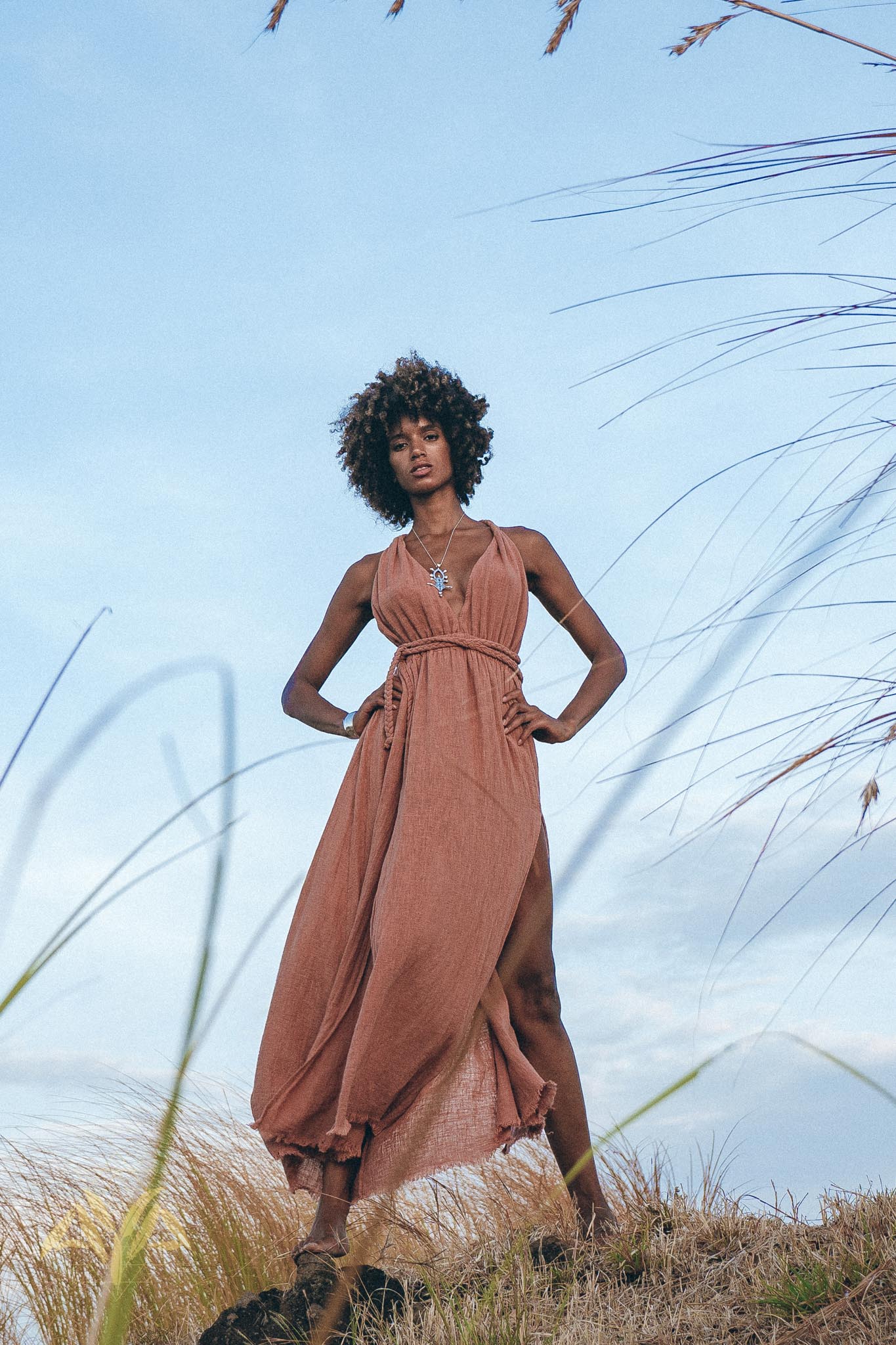 Greek Goddess Dress, Rose Gold Long Maxi Belted Dress - AYA Sacred Wear