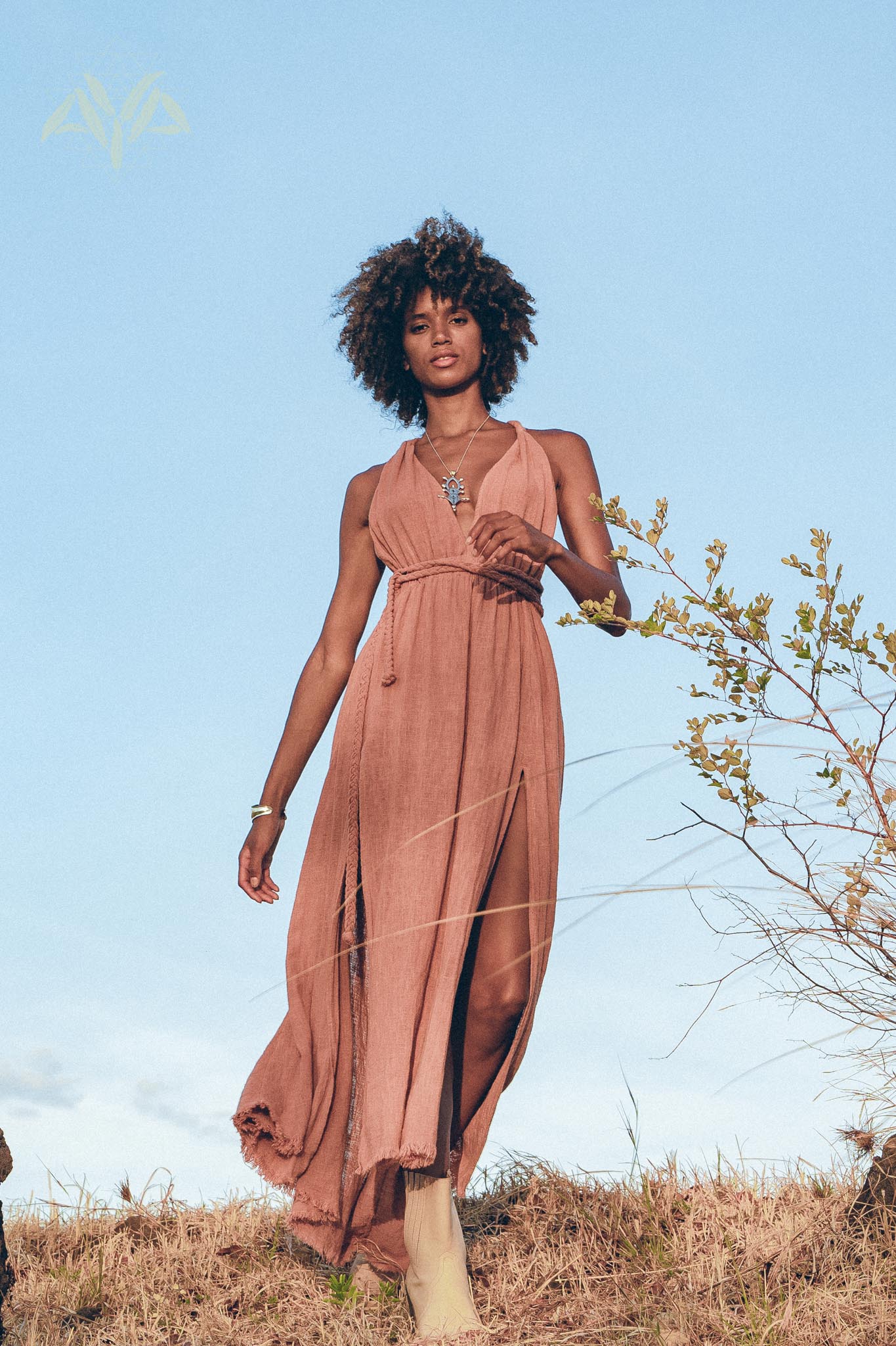 Greek Goddess Dress, Rose Gold Long Maxi Belted Dress - AYA Sacred Wear