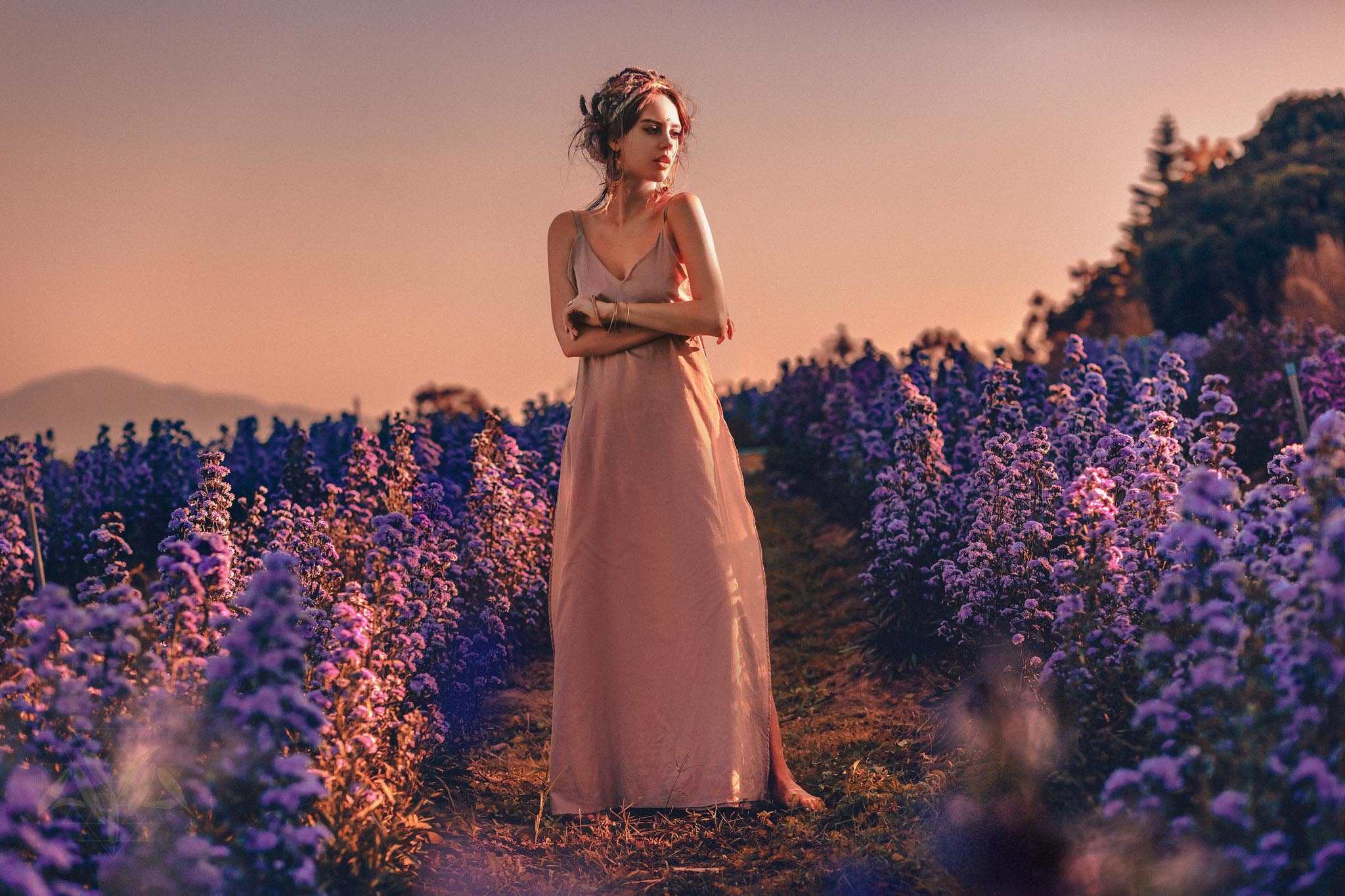 Long Maxi Boho Dress, Rose Gold Bridesmaid Bohemian Tribal Dress - AYA Sacred Wear
