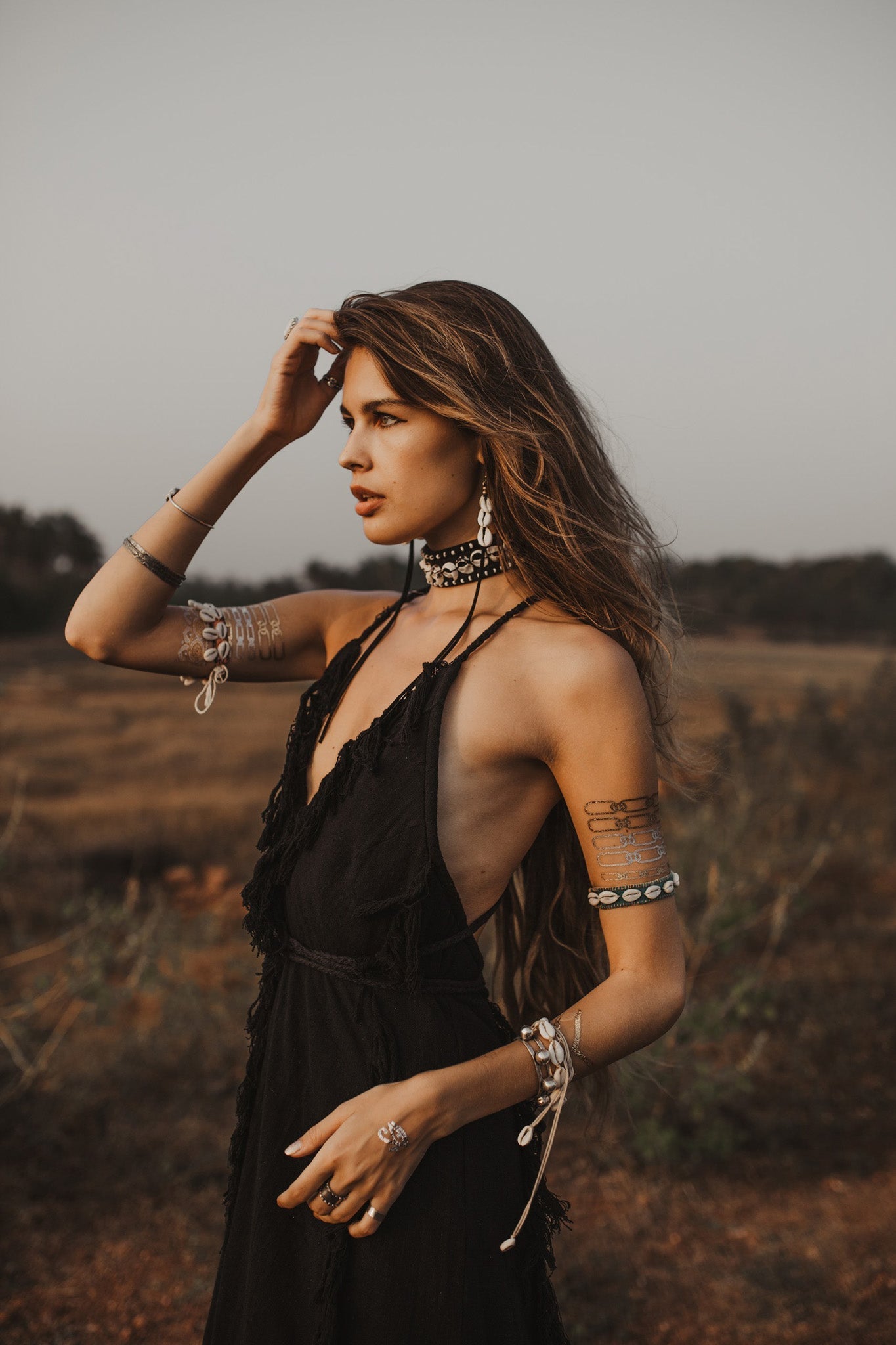 Black Cotton Boho Maxi Dress with Hand Loomed Tassels - AYA Sacred Wear