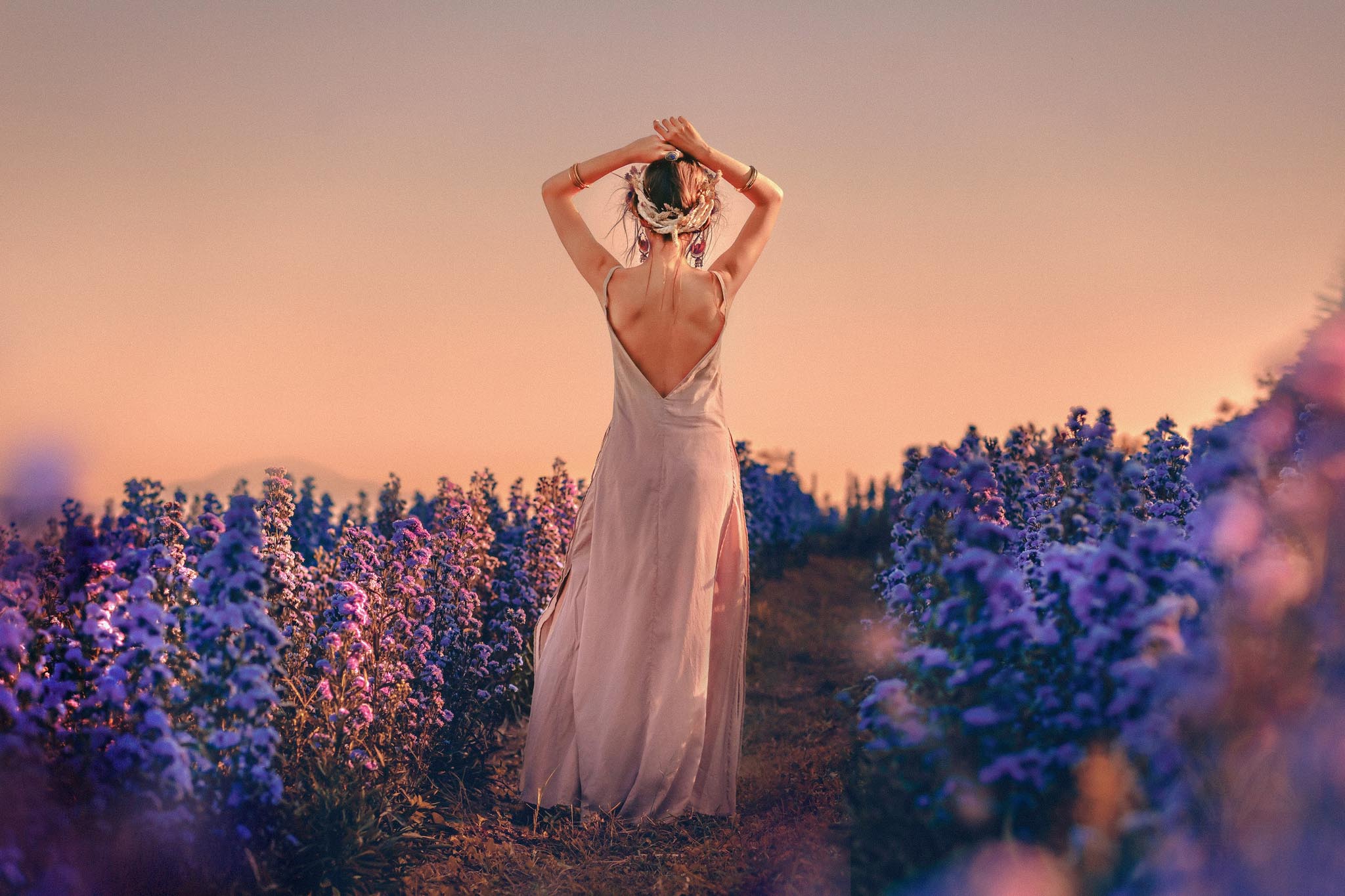 Long Maxi Boho Dress, Rose Gold Bridesmaid Bohemian Tribal Dress - AYA Sacred Wear