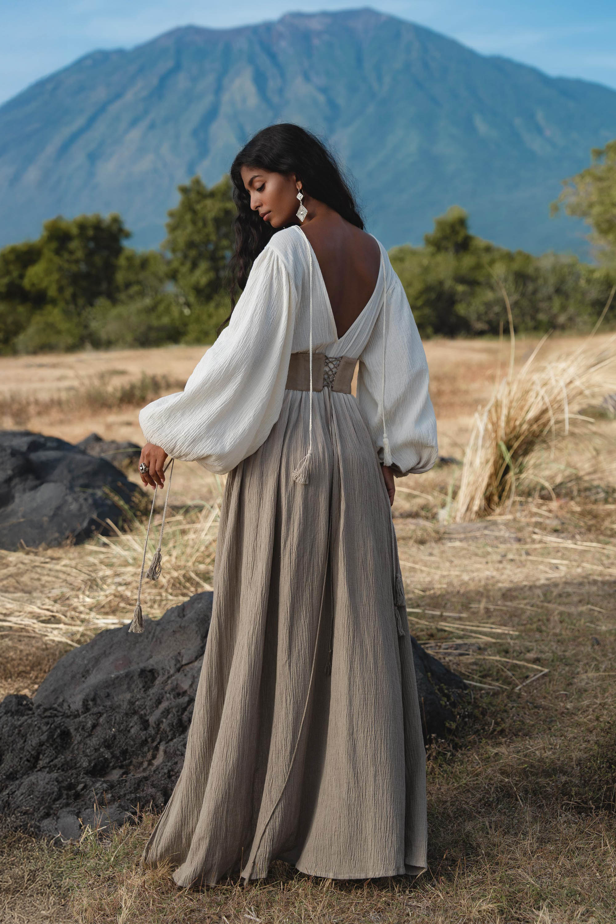 Tatva Dress in Ombre Mocco Colour Organic Kaftan with Hand Embroidered Belt — Photo 4
