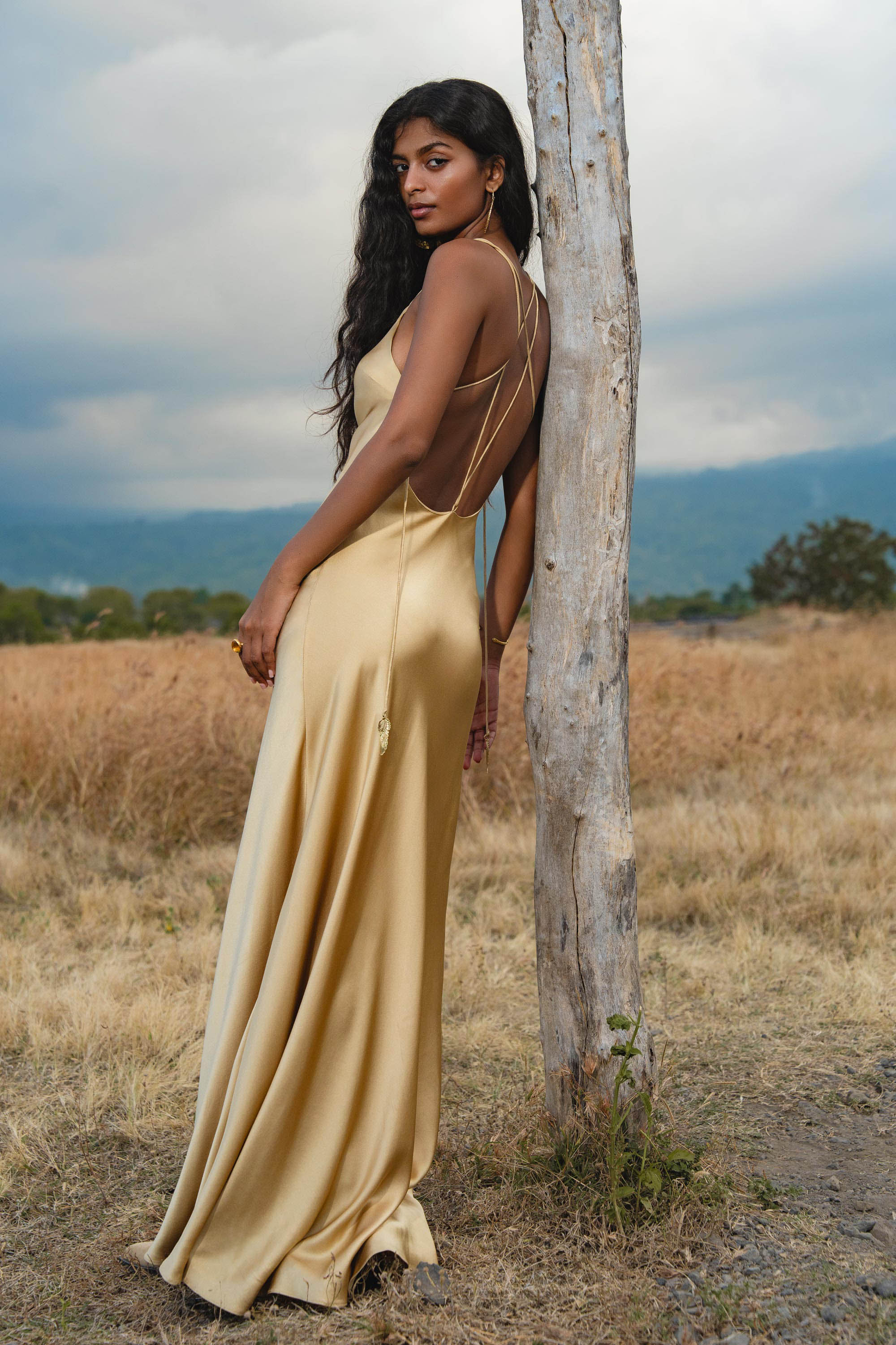 A woman in an AYA Sacred Wear Gold Silk Maxi Dress stands outdoors by a tree, showcasing the deep V-neck and backless design with thin straps. The evening gown glows against a grassy field with mountains and a cloudy sky behind her.