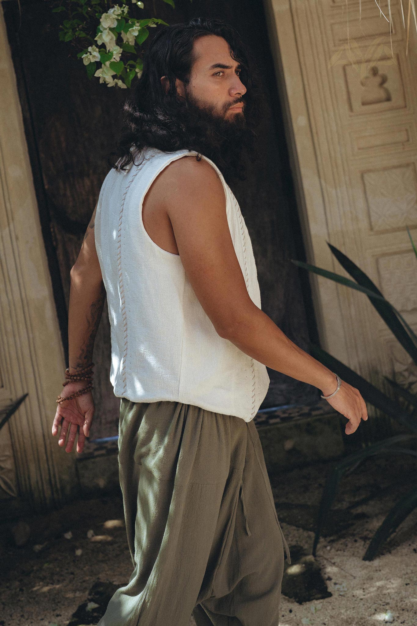 Off-White Hand Embroidered Vest for Men by AYA Sacred Wear