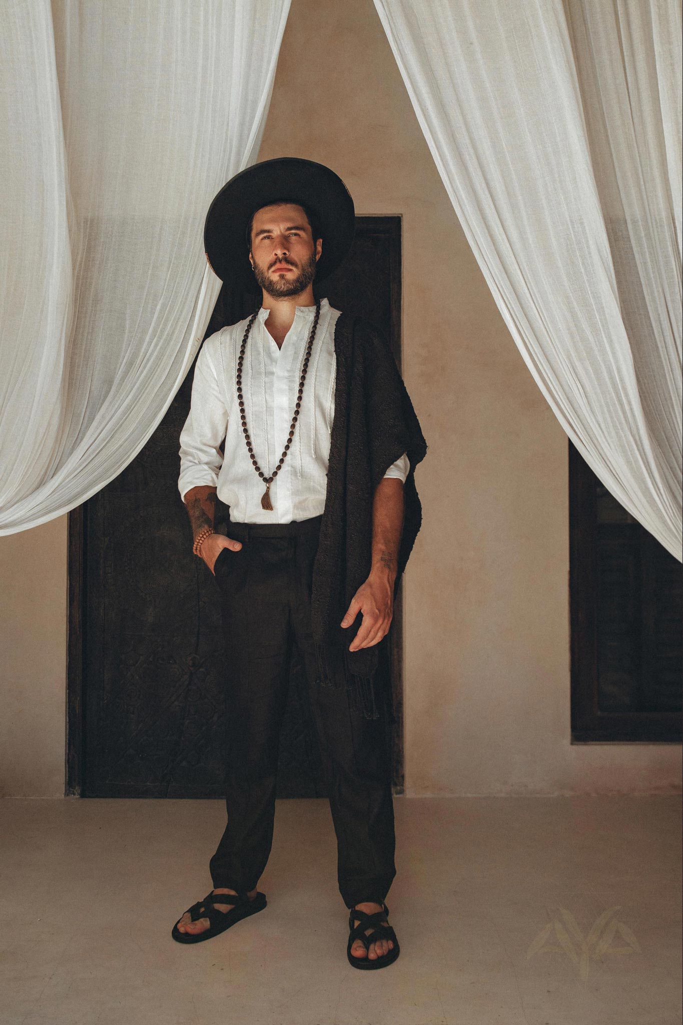 Off-White Linen Shirt for Men with Handmade Braids by AYA Sacred Wear