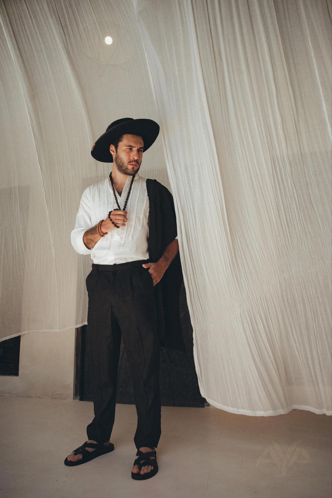 Off-White Linen Shirt for Men with Handmade Braids by AYA Sacred Wear