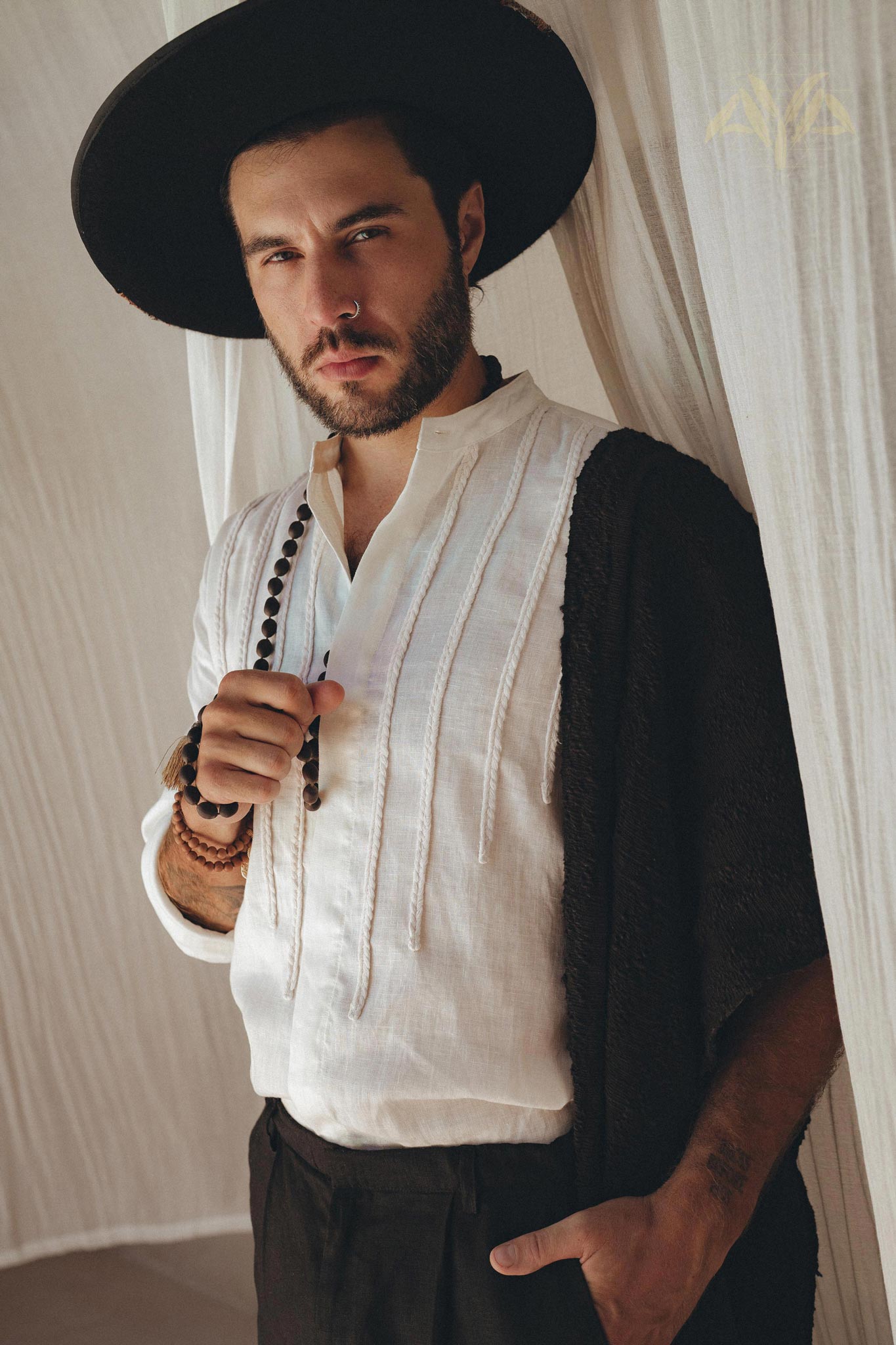 Off-White Linen Shirt for Men with Handmade Braids by AYA Sacred Wear