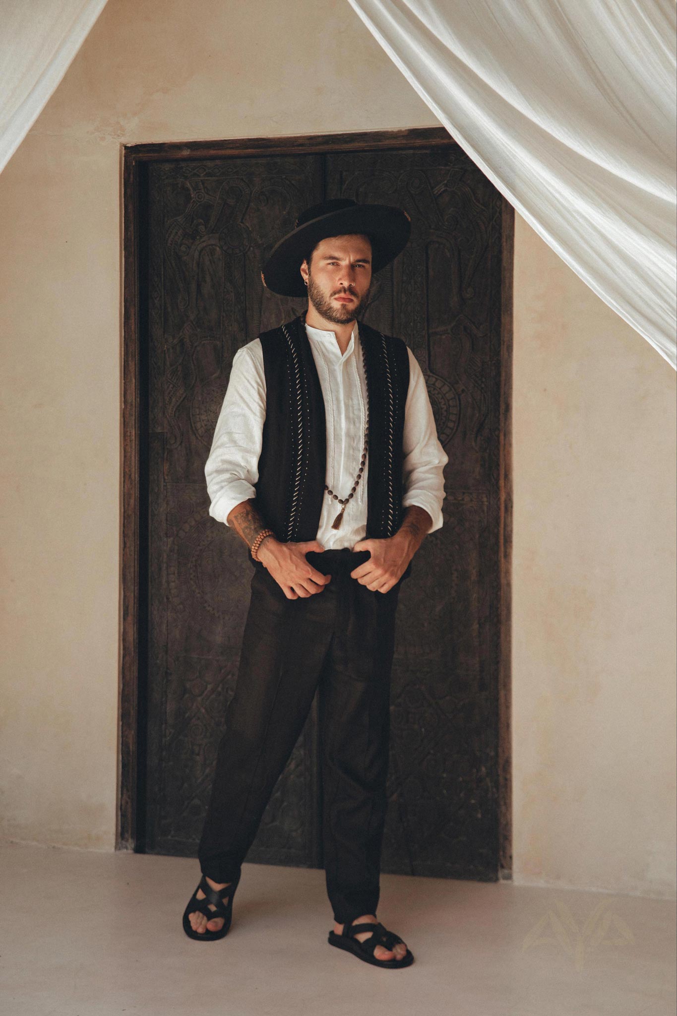 Off-White Linen Shirt for Men with Handmade Braids by AYA Sacred Wear