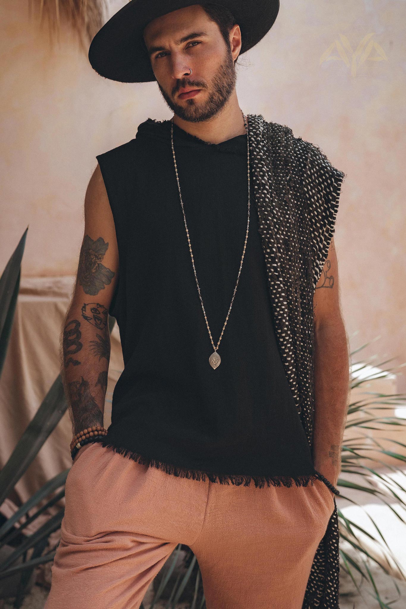 Black with White Hand-knitted Cotton Scarf for Men by AYA Sacred Wear