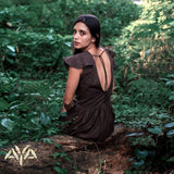 Brown Organic Linen Goddess Dress with V-shape Open Back - AYA Sacred Wear