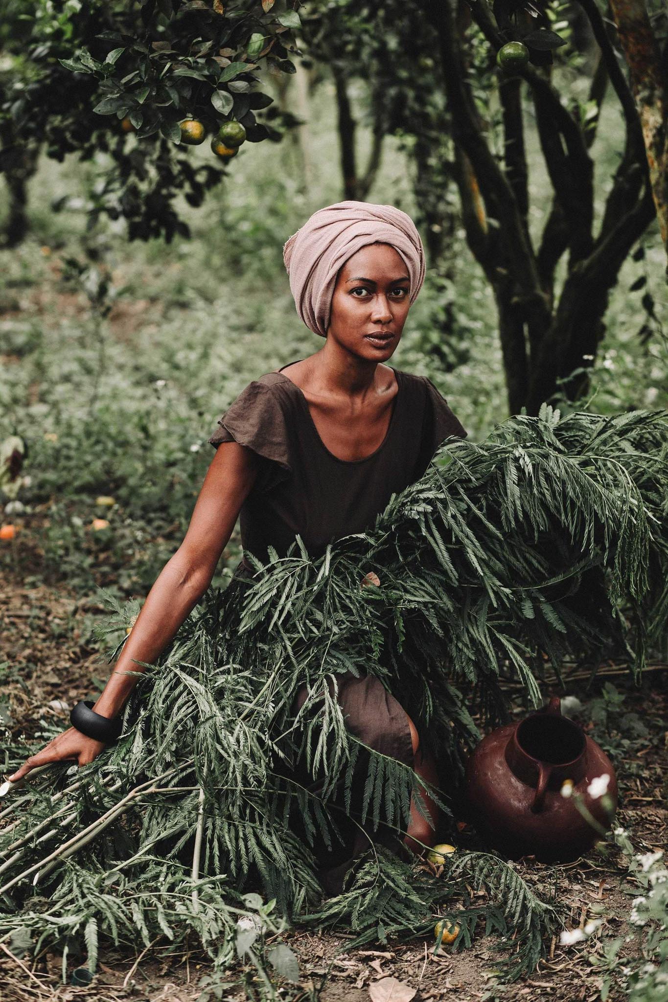 Brown Organic Linen Goddess Dress with V-shape Open Back - AYA Sacred Wear